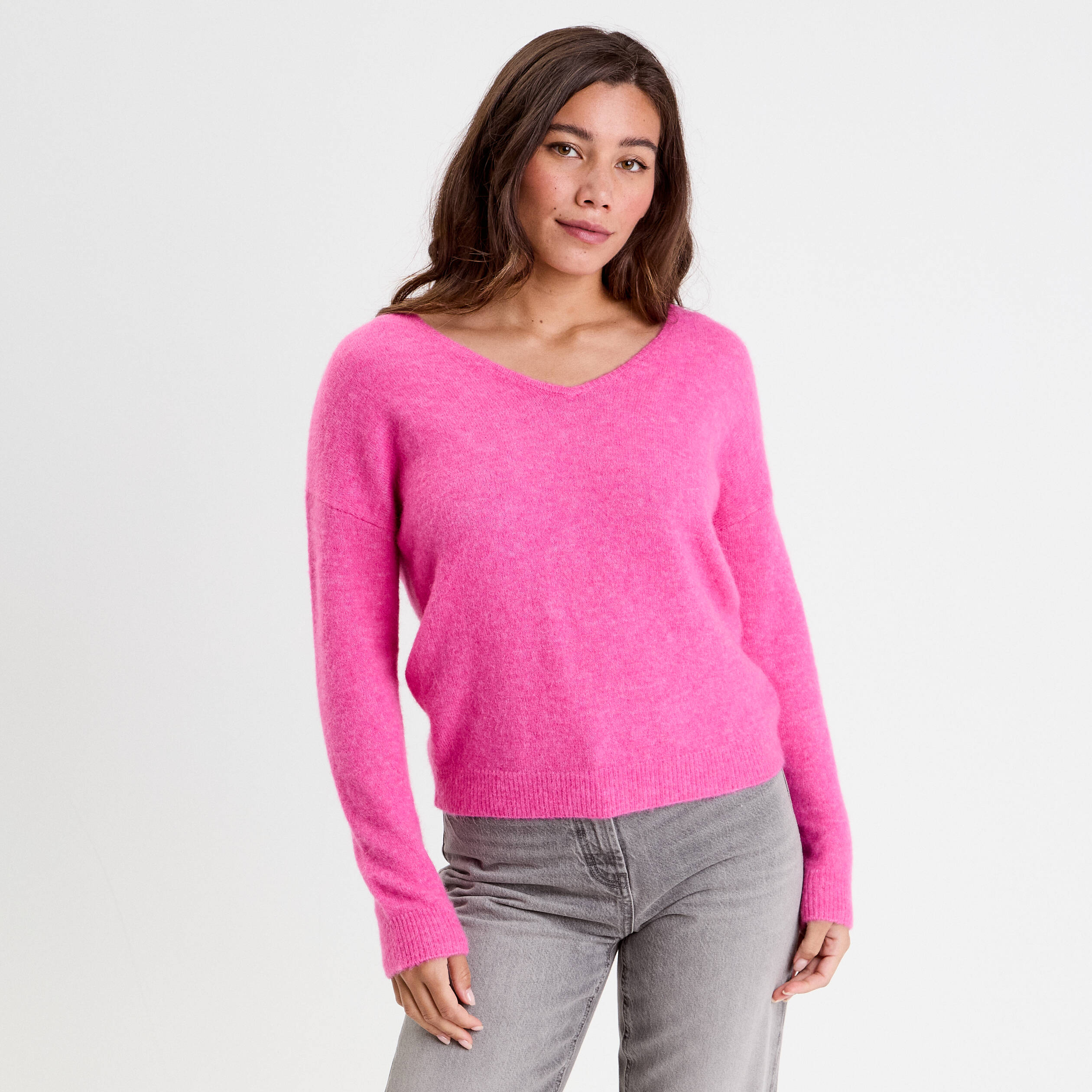 Pull avec col en V rose femme