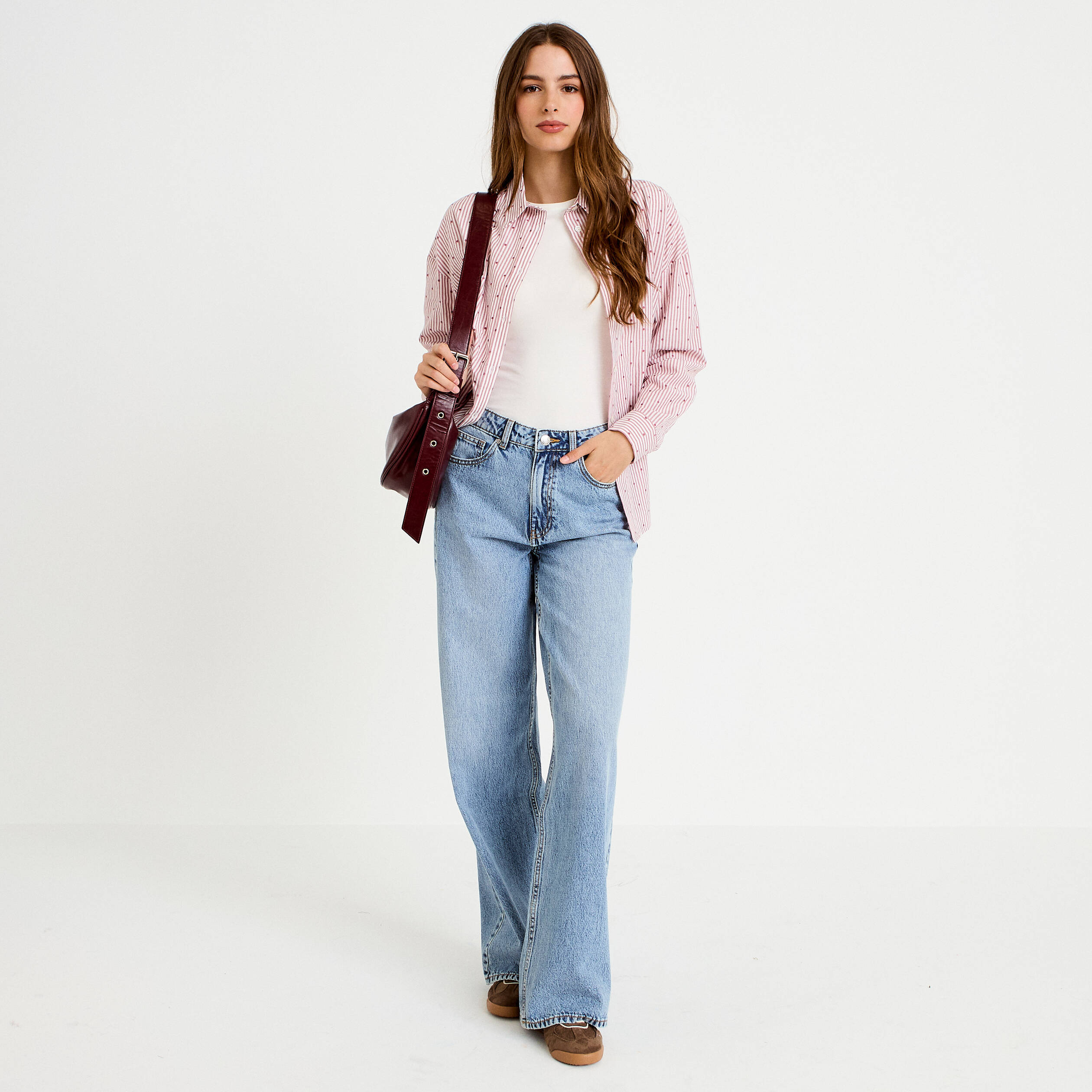 Chemise droite manches longues rouge clair femme