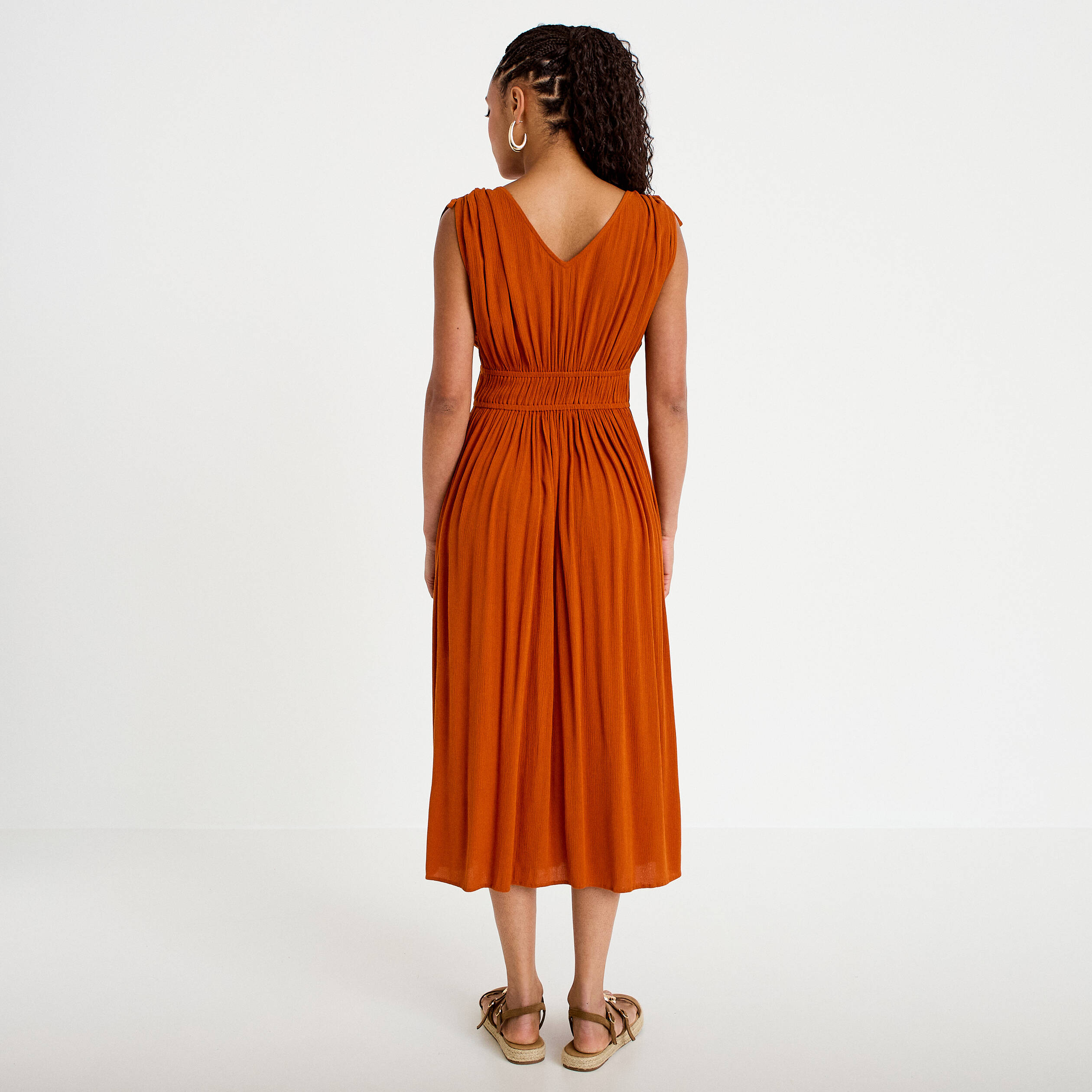 Robe midi &eacute;vas&eacute;e d&eacute;collet&eacute; sans manches orange fonc&eacute; femme