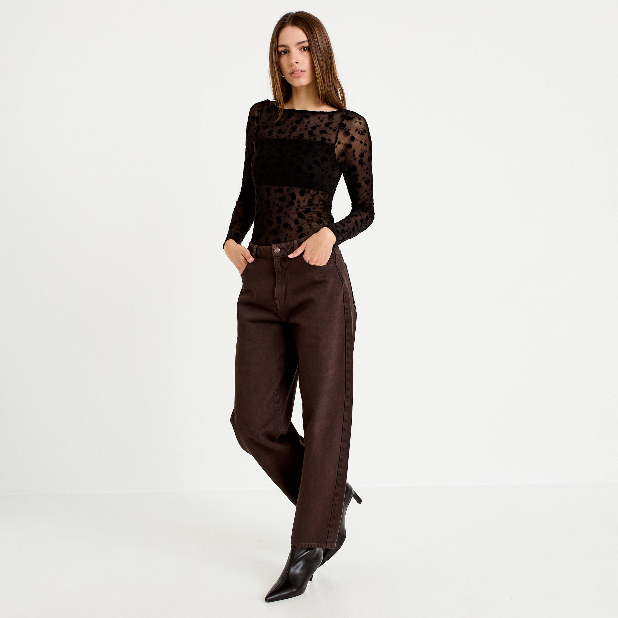 Body cintr&eacute; manches longues col bateau noir femme