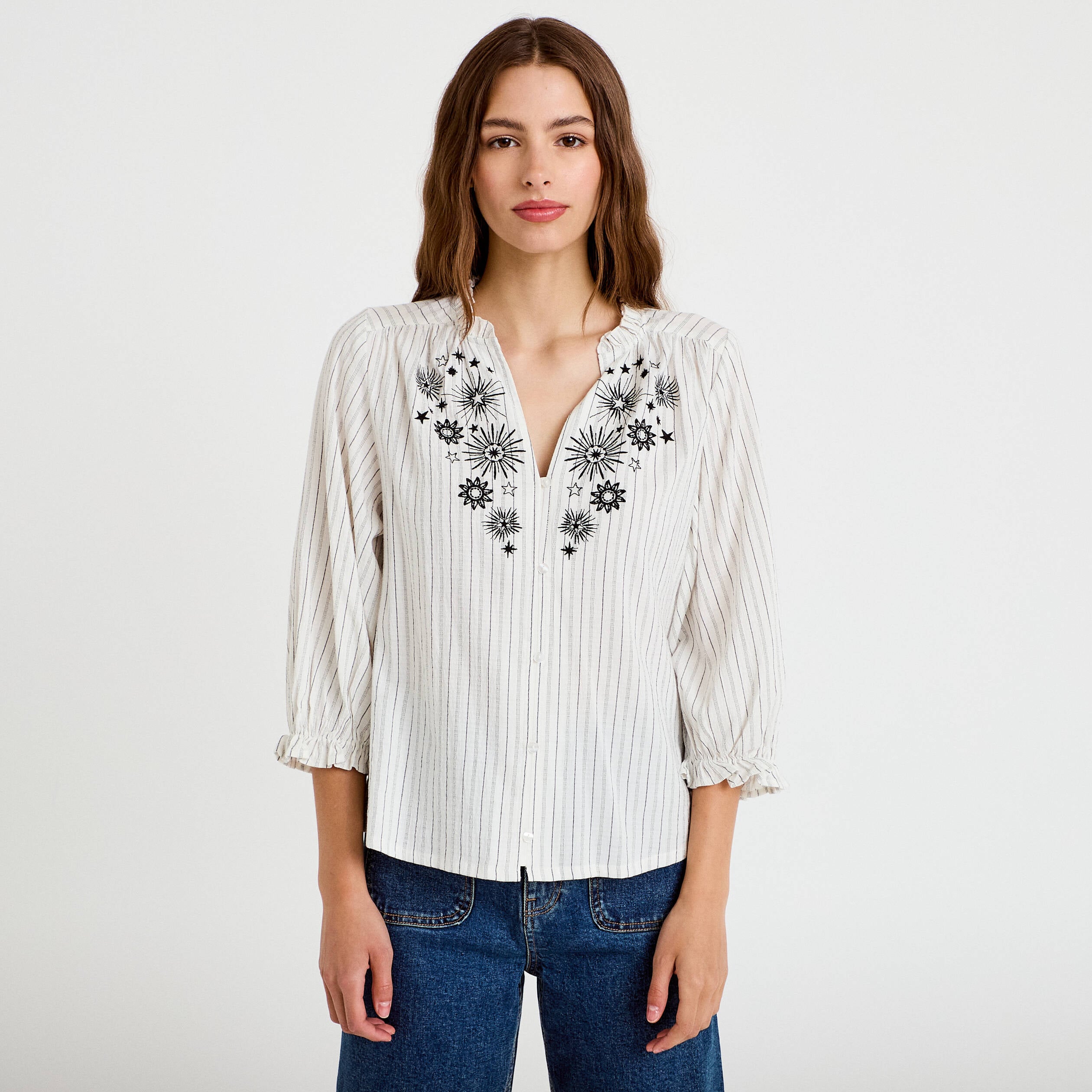 Blouse ample broderie manches 3/4 blanc femme