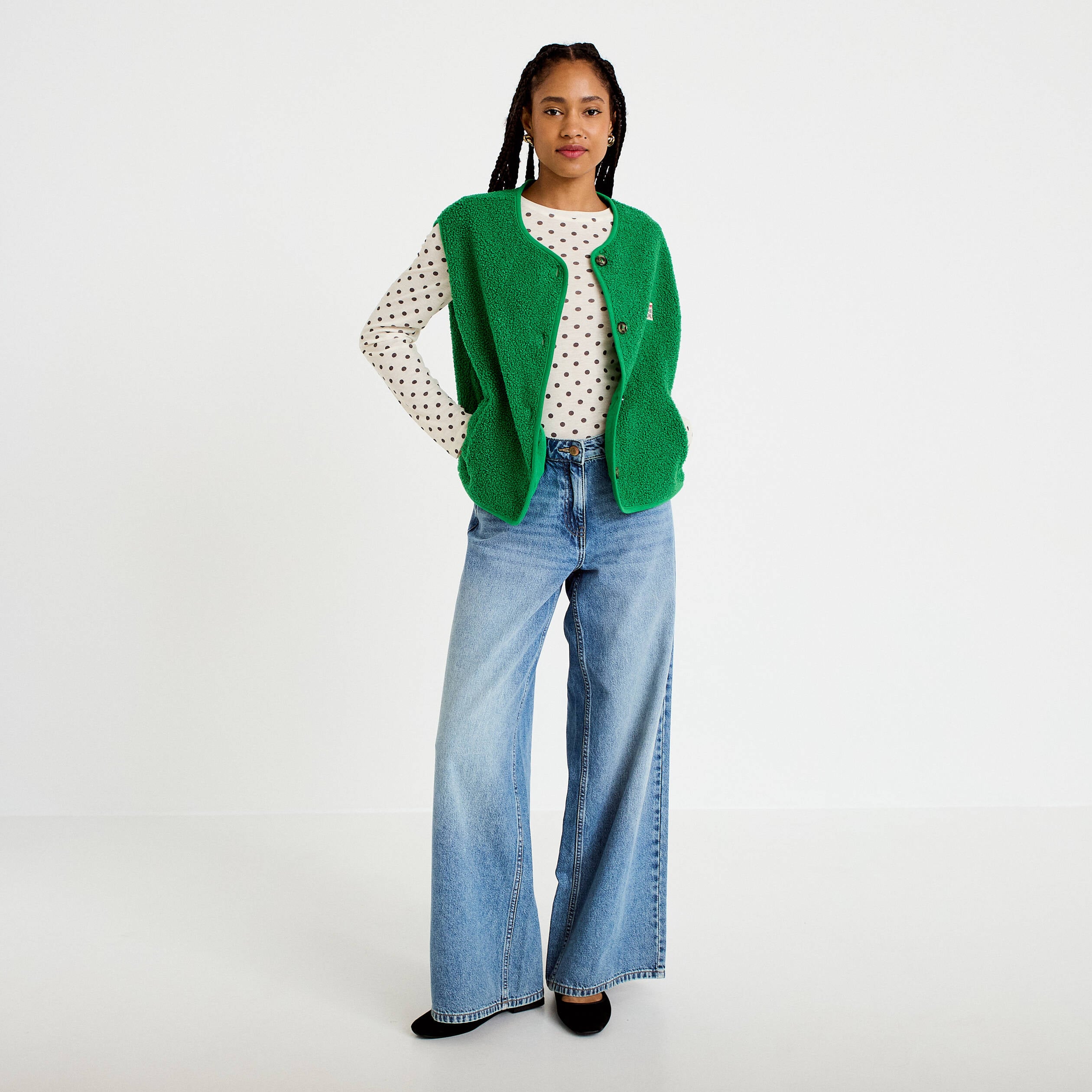 Veste sans manches fausse fourrure vert fonc&eacute; femme