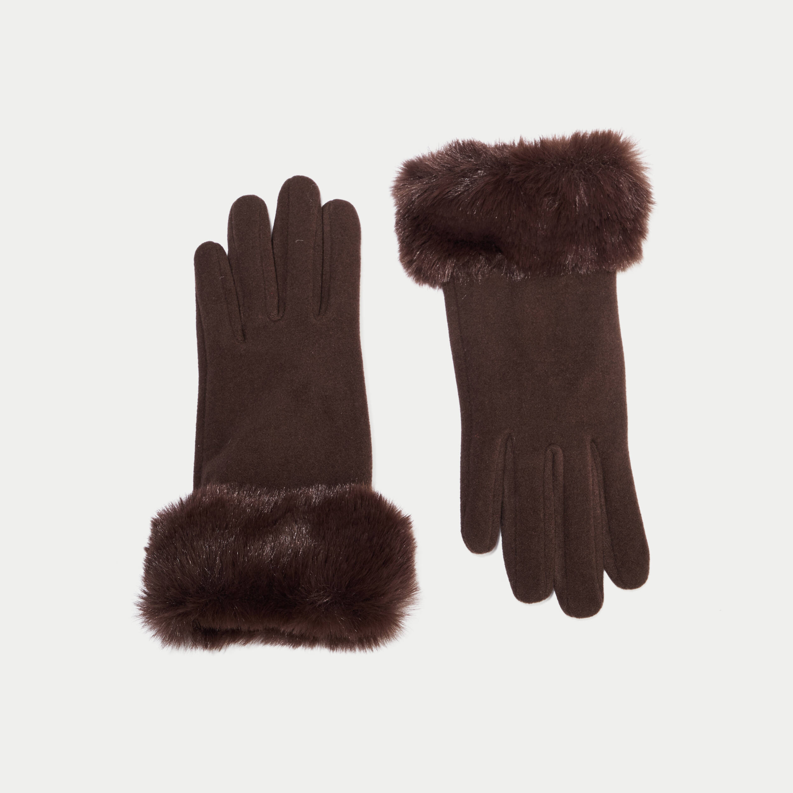 Gants fausse fourrure marron fonc&eacute; femme