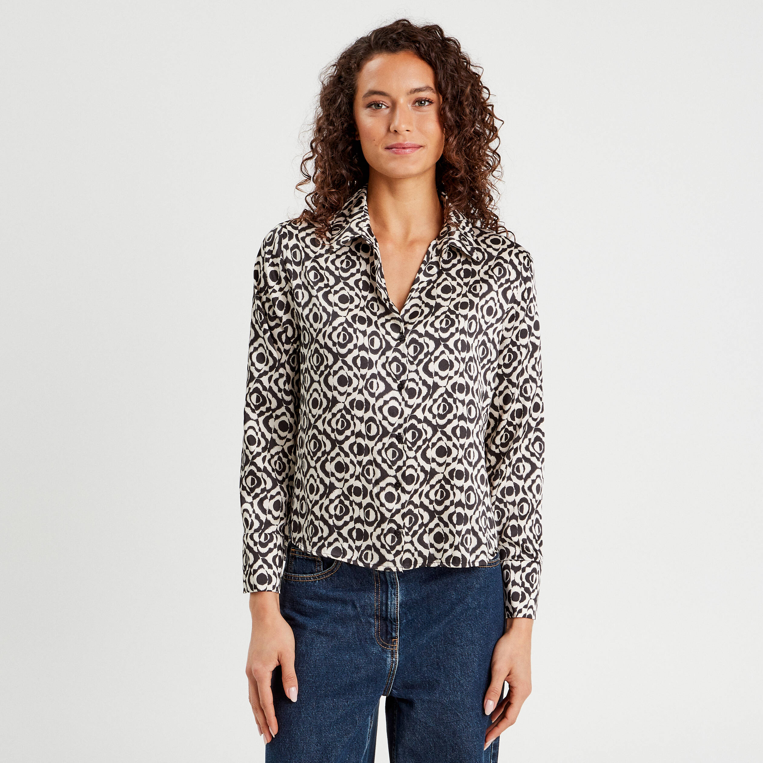 Chemise manches longues satin noir femme