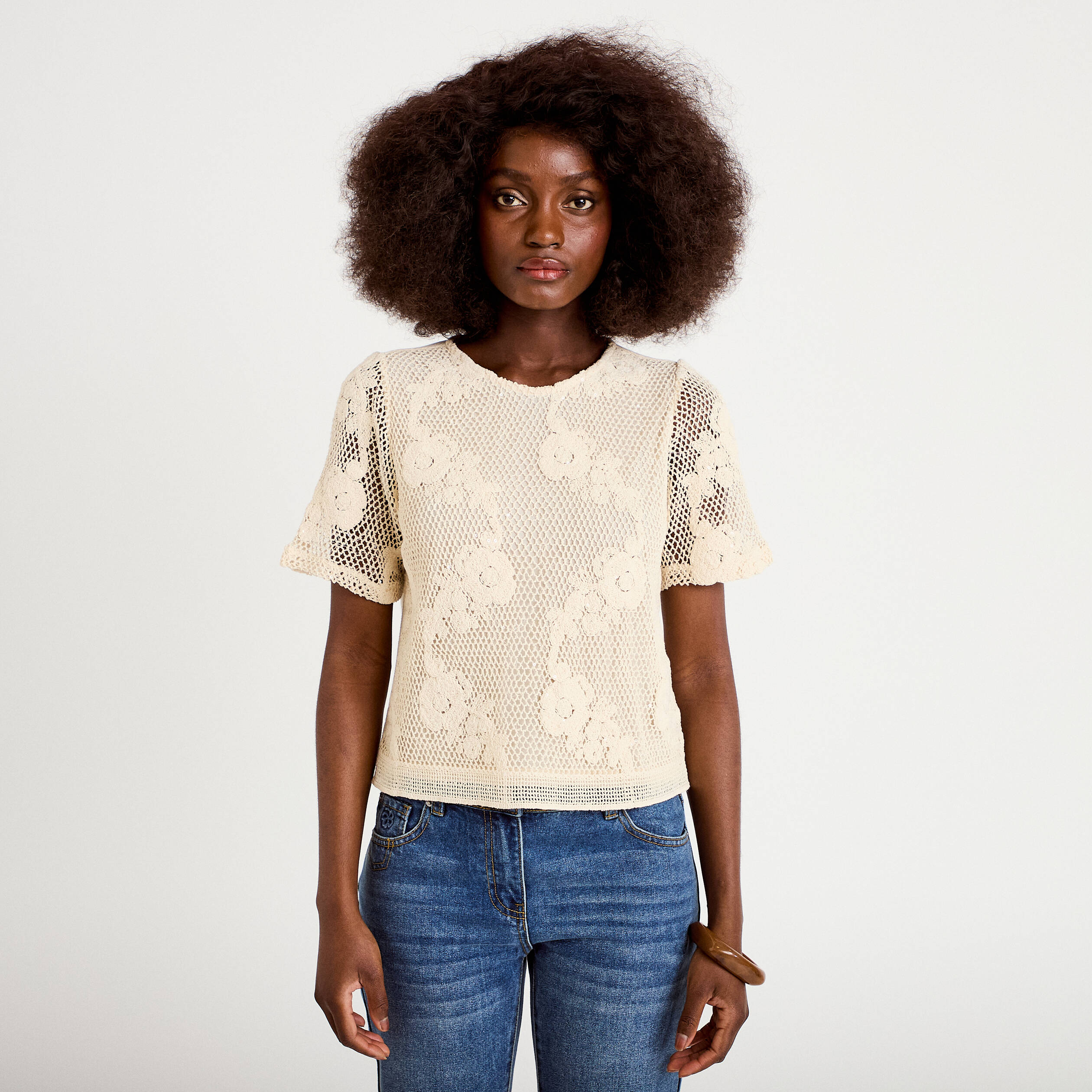 T-shirt manches courtes aspect dentelle ecru femme