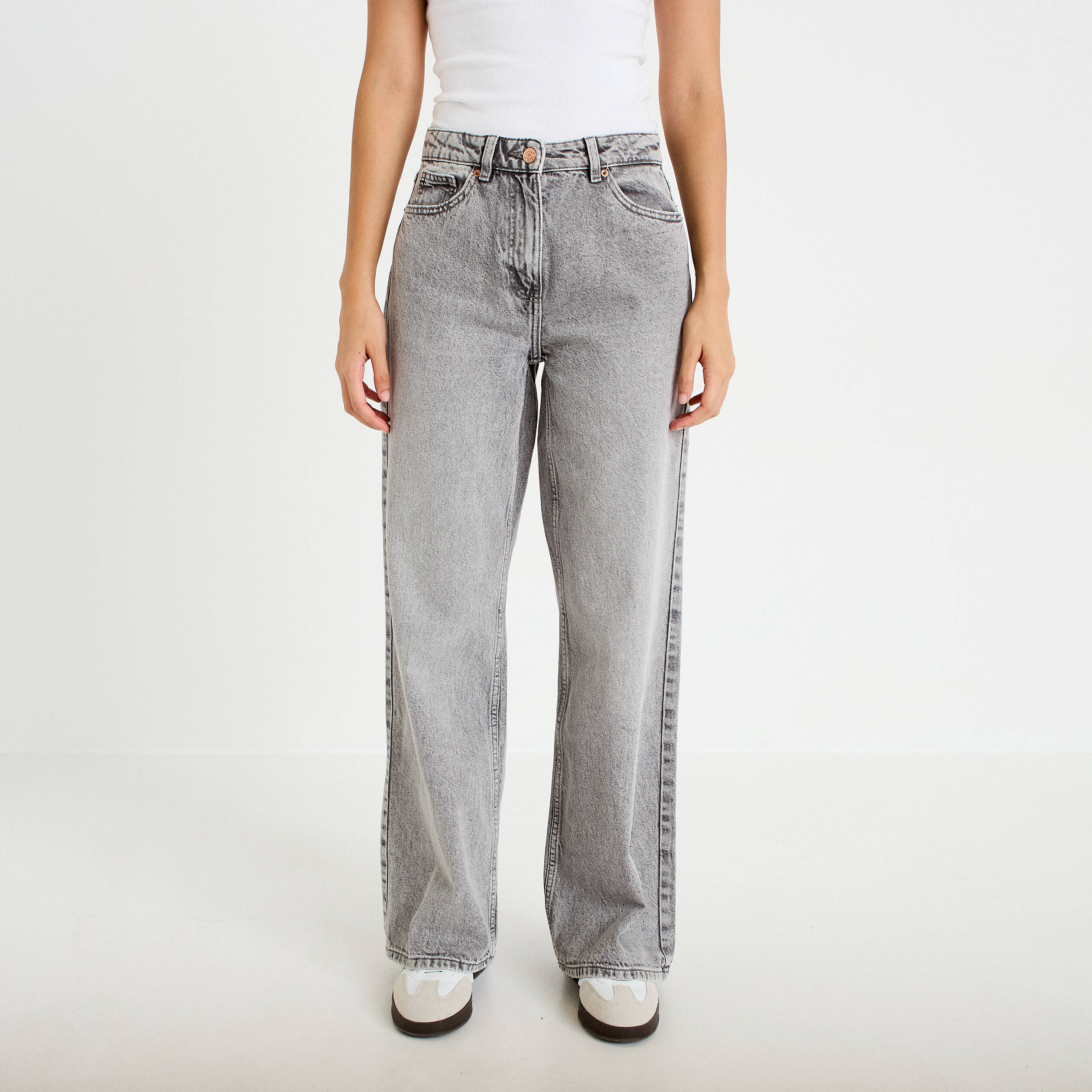 Jeans wide leg taille haute denim gris femme