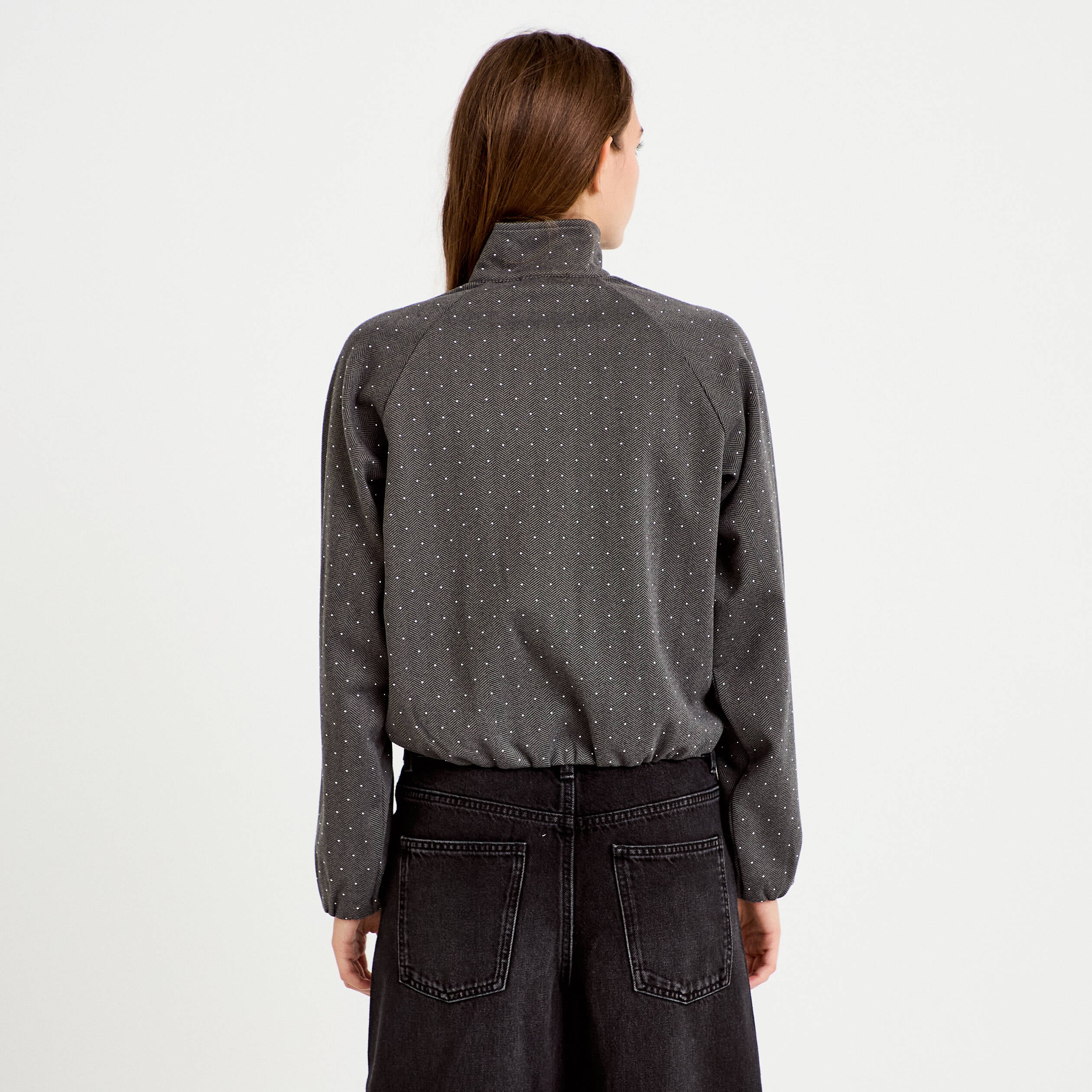 Veste effet boule col montant tweed noir femme