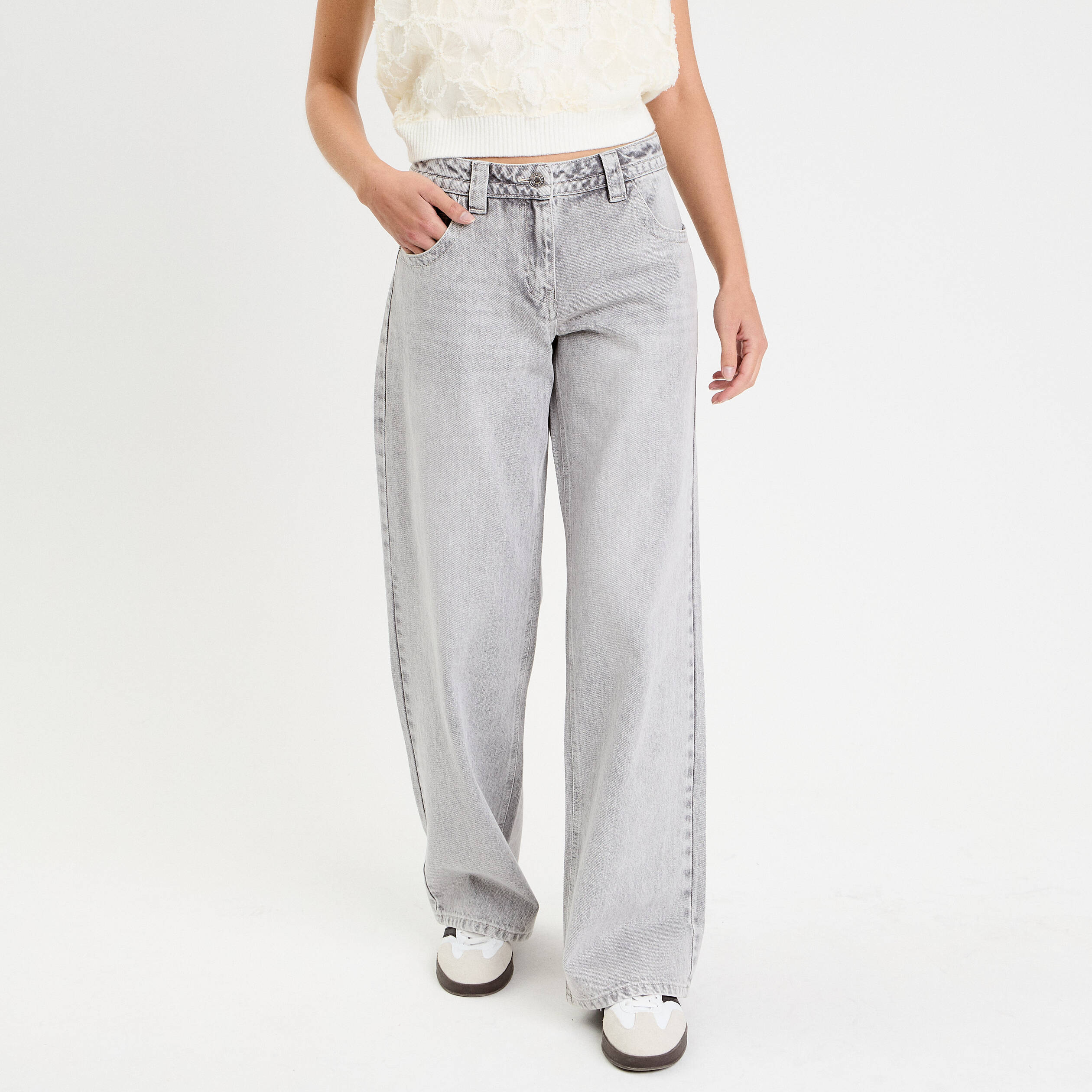 Jean droit taille basse gris femme