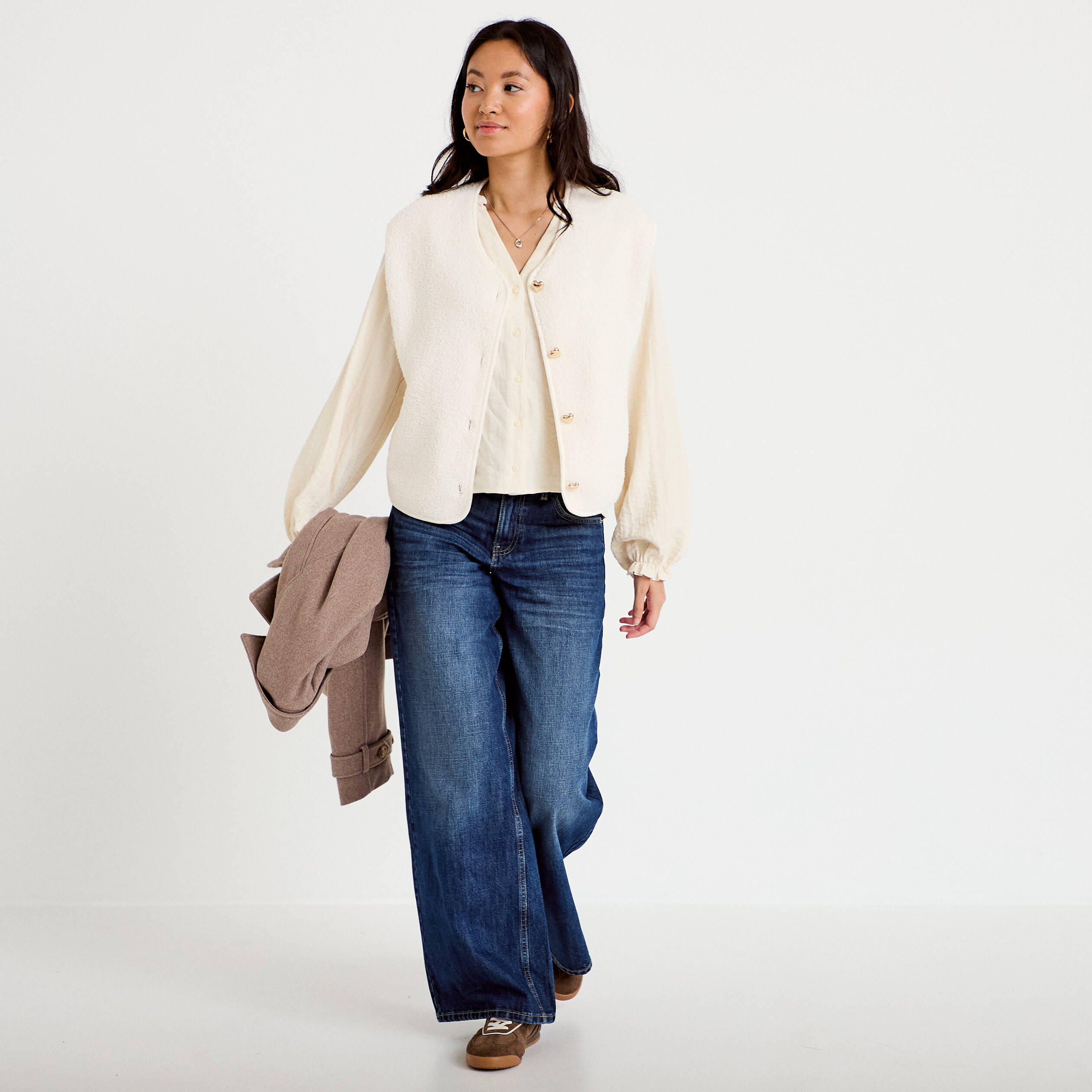 Veste sans manches effet polaire ecru femme