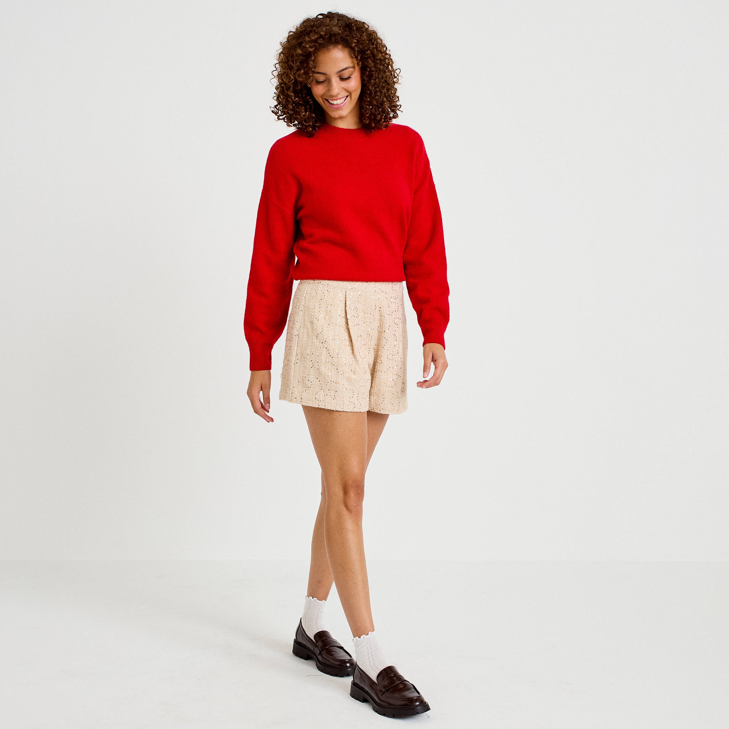 Short large taille haute en tweed ivoire femme