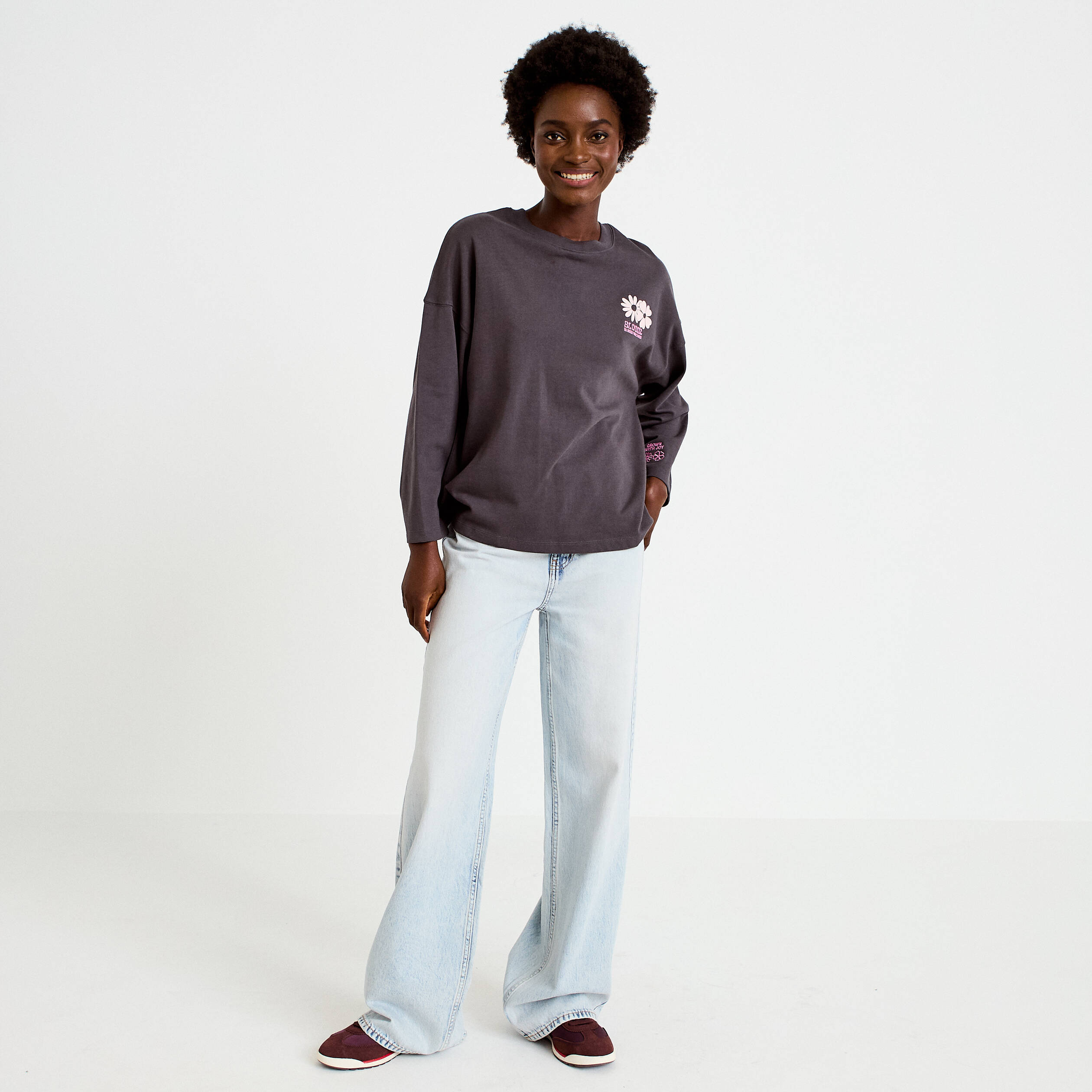 Sweat oversize col rond manches longues gris fonc&eacute; femme