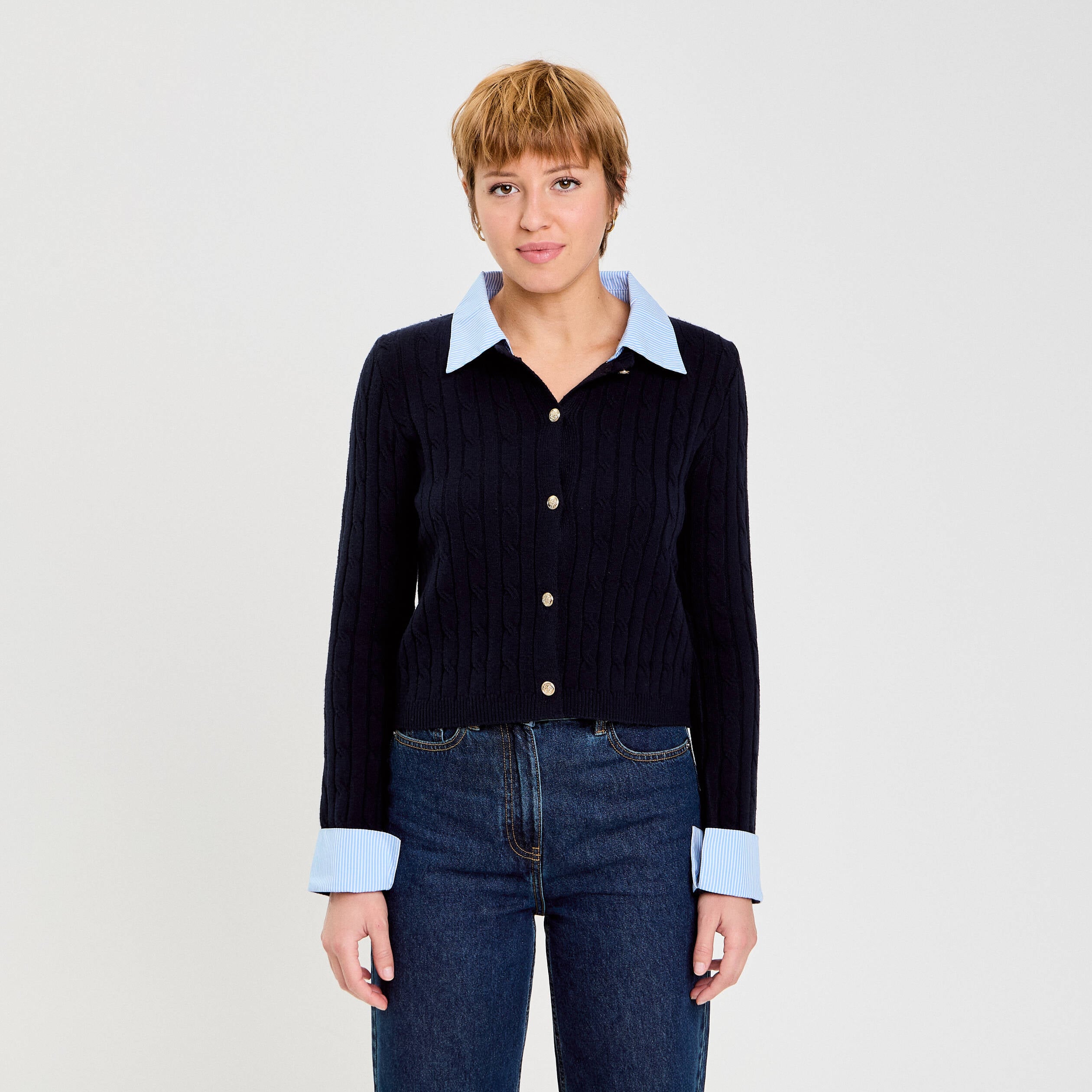 Gilet col chemise manches longues bleu marine femme