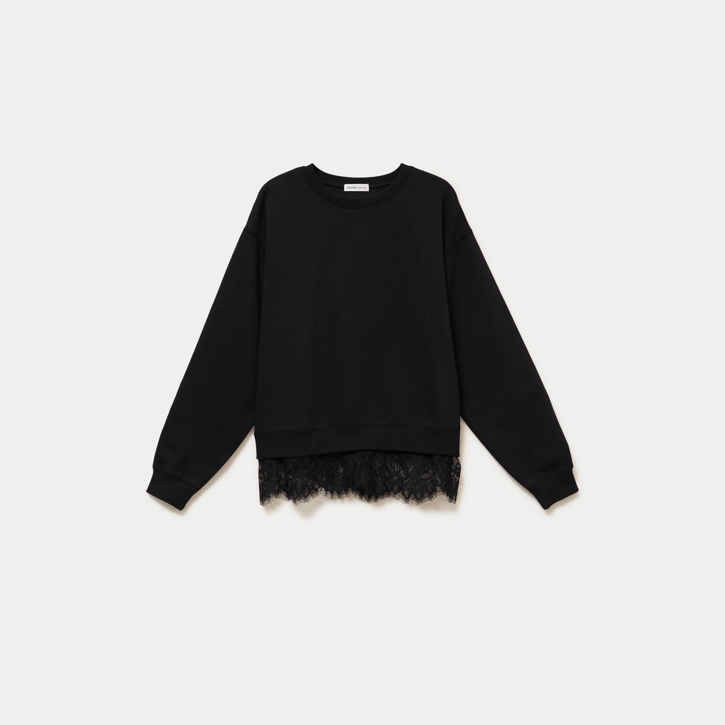Sweat droit col rond d&eacute;tail dentelle noir femme
