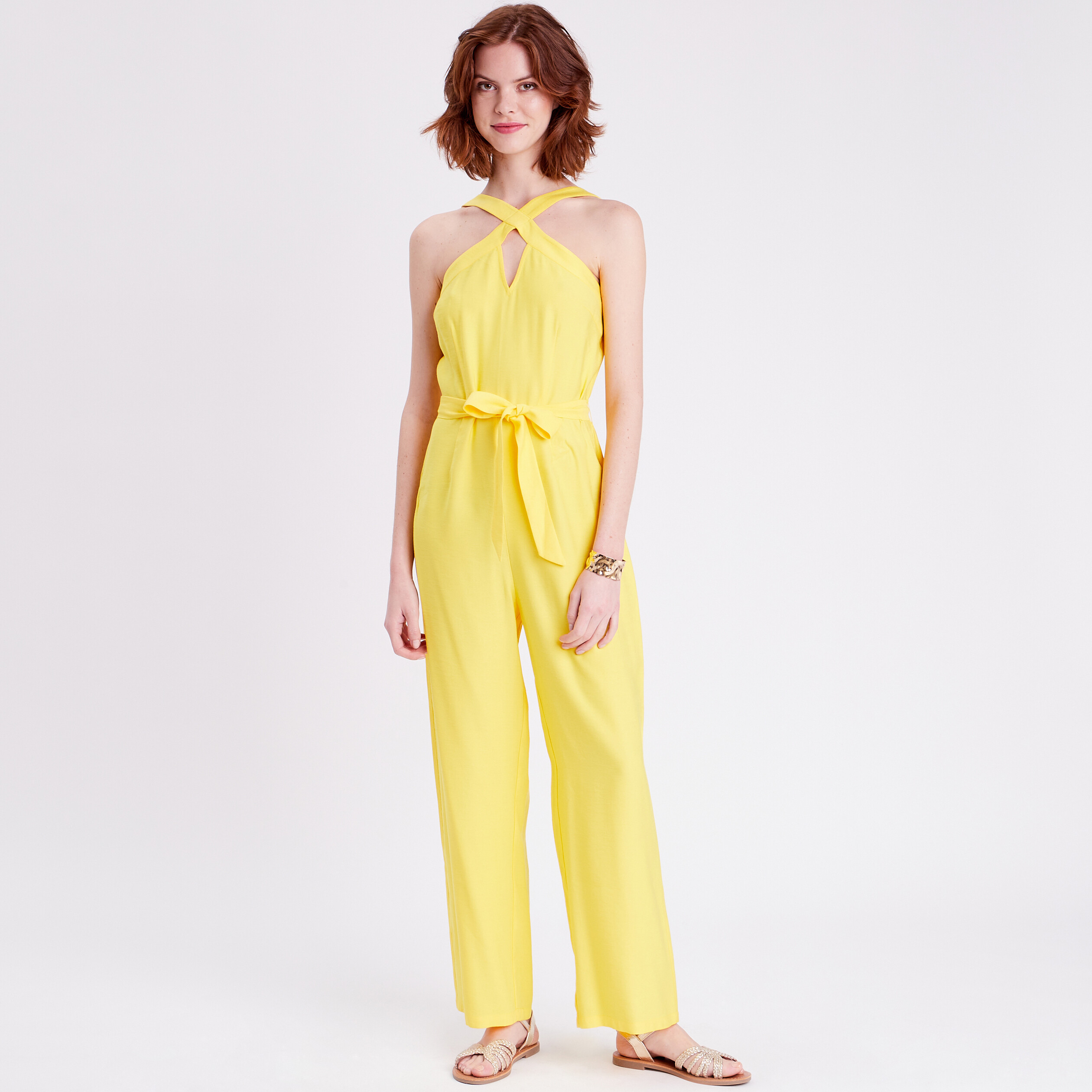 Combinaison pantalon jambes larges jaune fluo femme