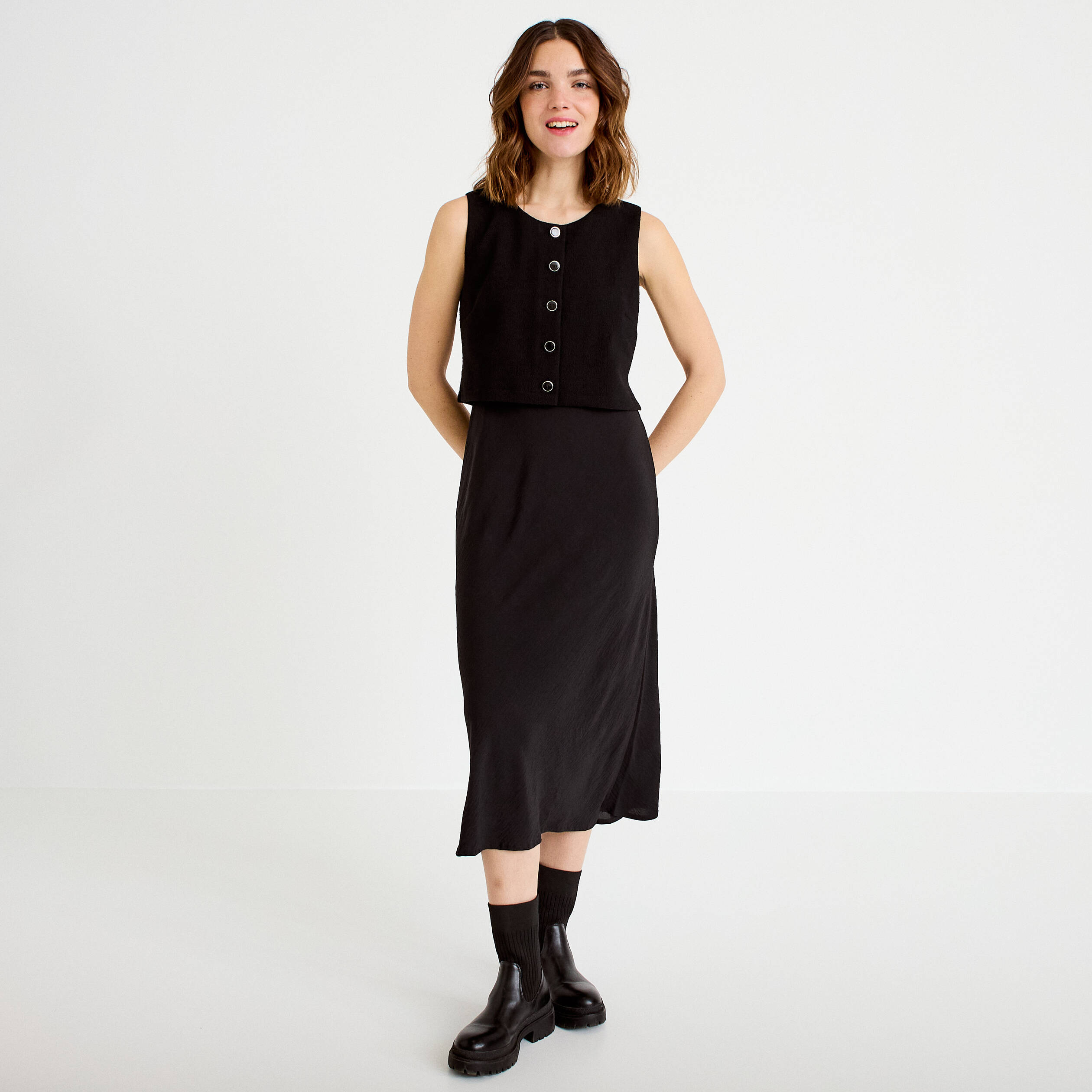 Robe bi-mati&egrave;re droite sans manches noir femme
