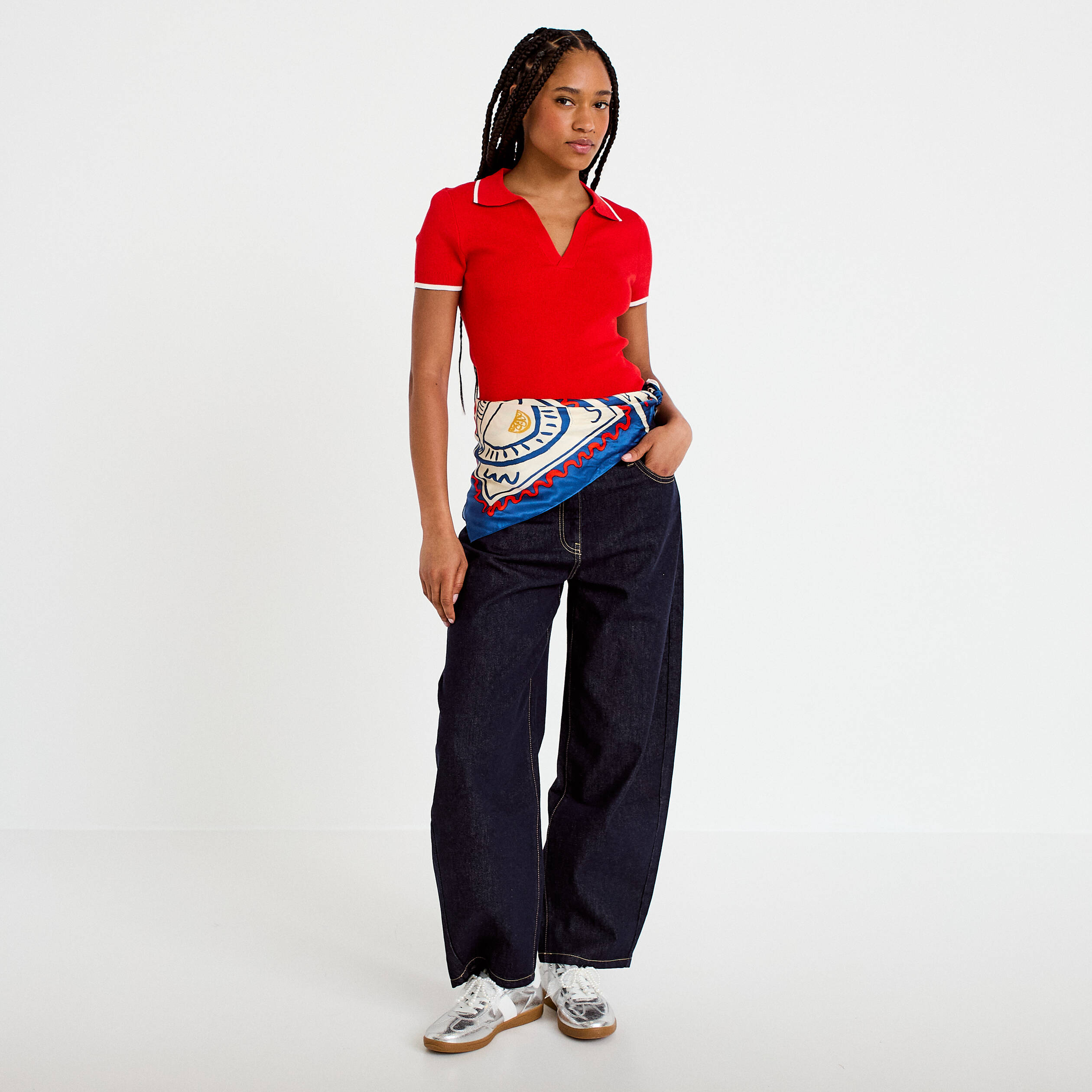 Pull manches courtes col polo rouge femme