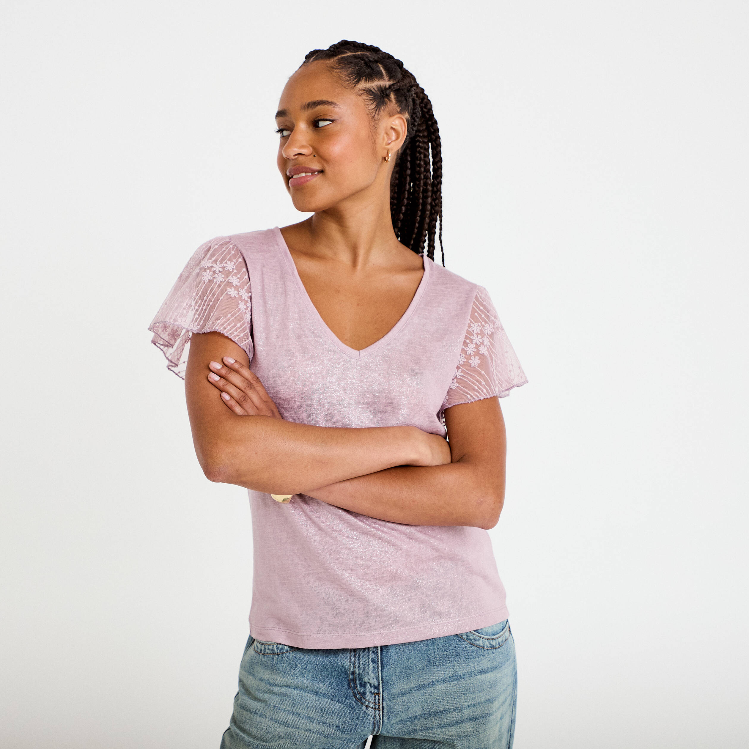 T-shirt manches dentelle parme femme