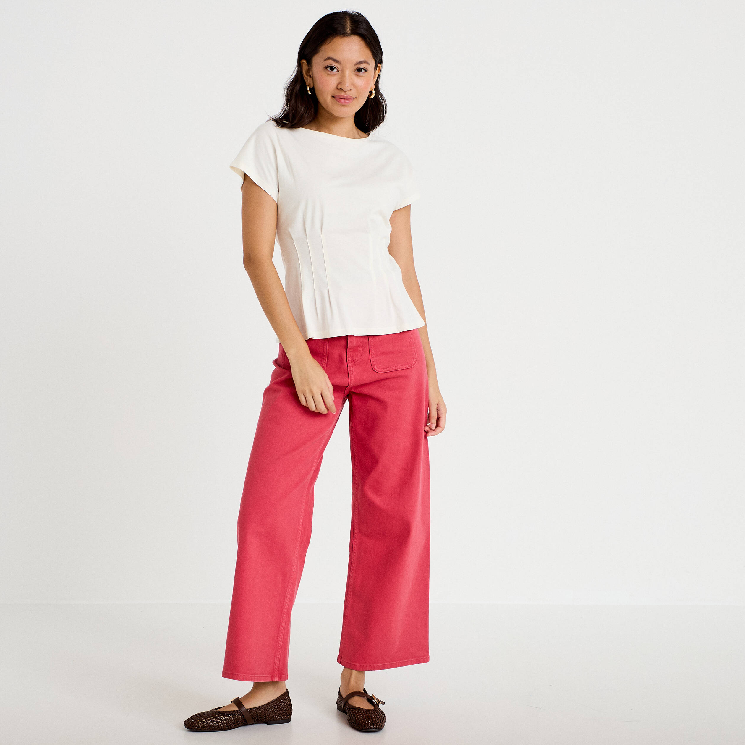 Jean bootcut cropped taille haute rose framboise femme