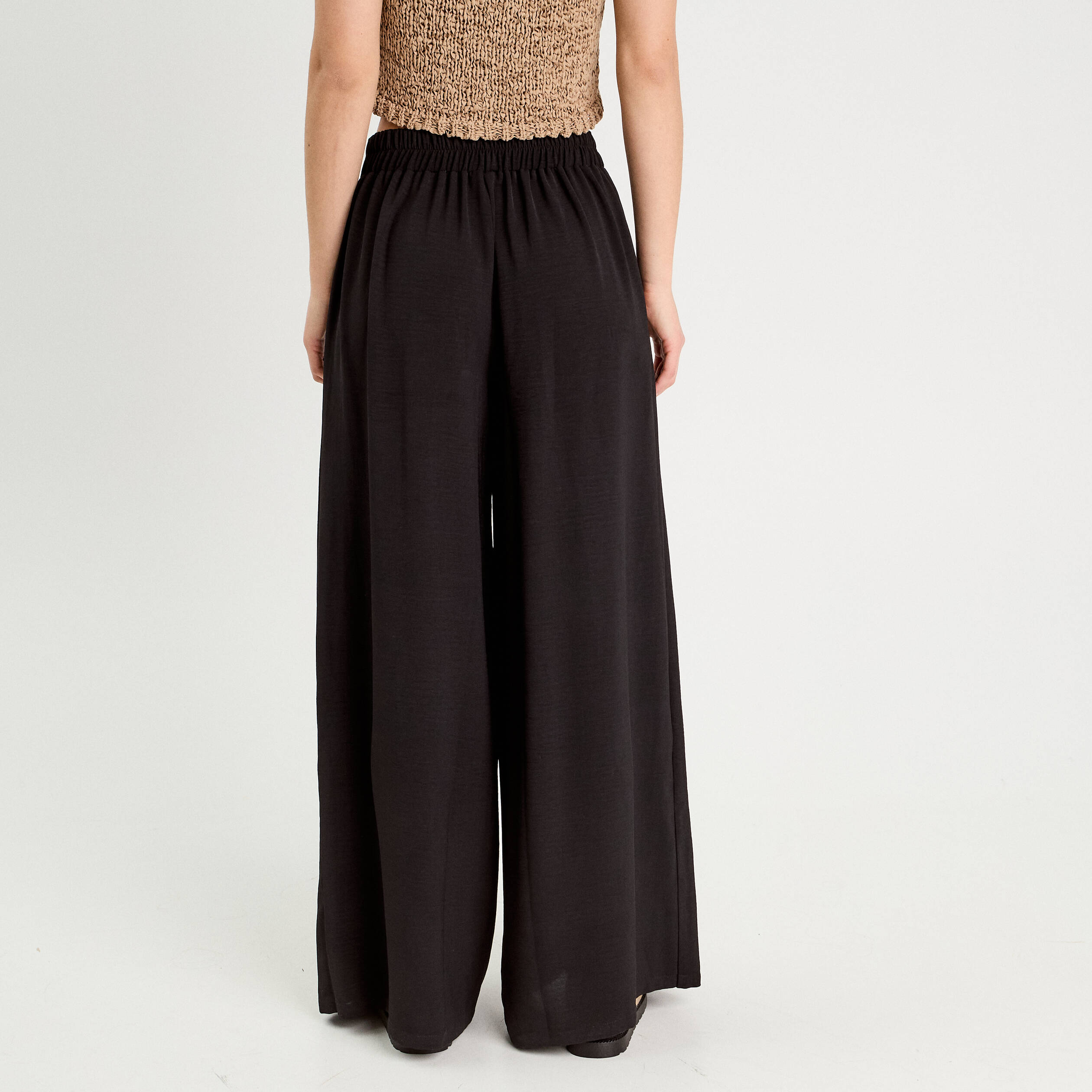 Pantalon large taille haute fluide noir femme