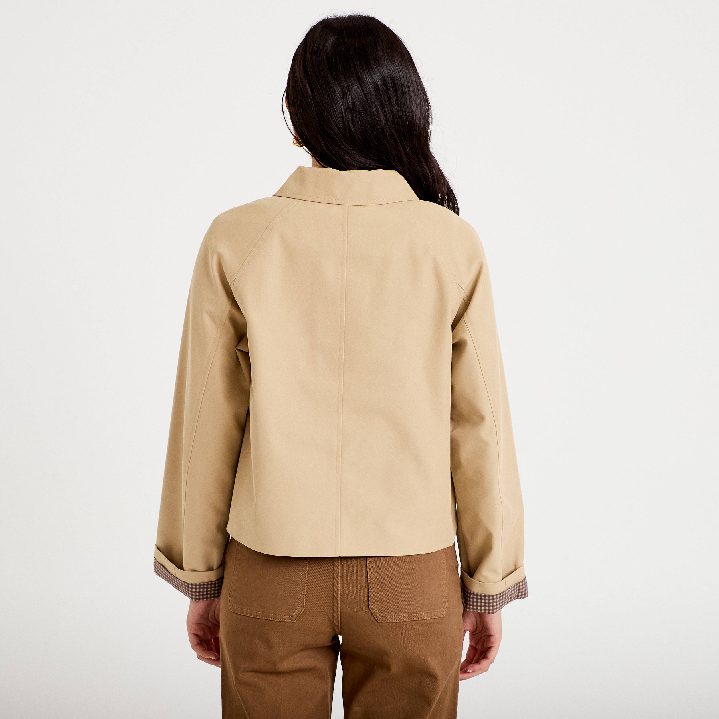 Veste courte boutonn&eacute;e doublure vichy beige femme