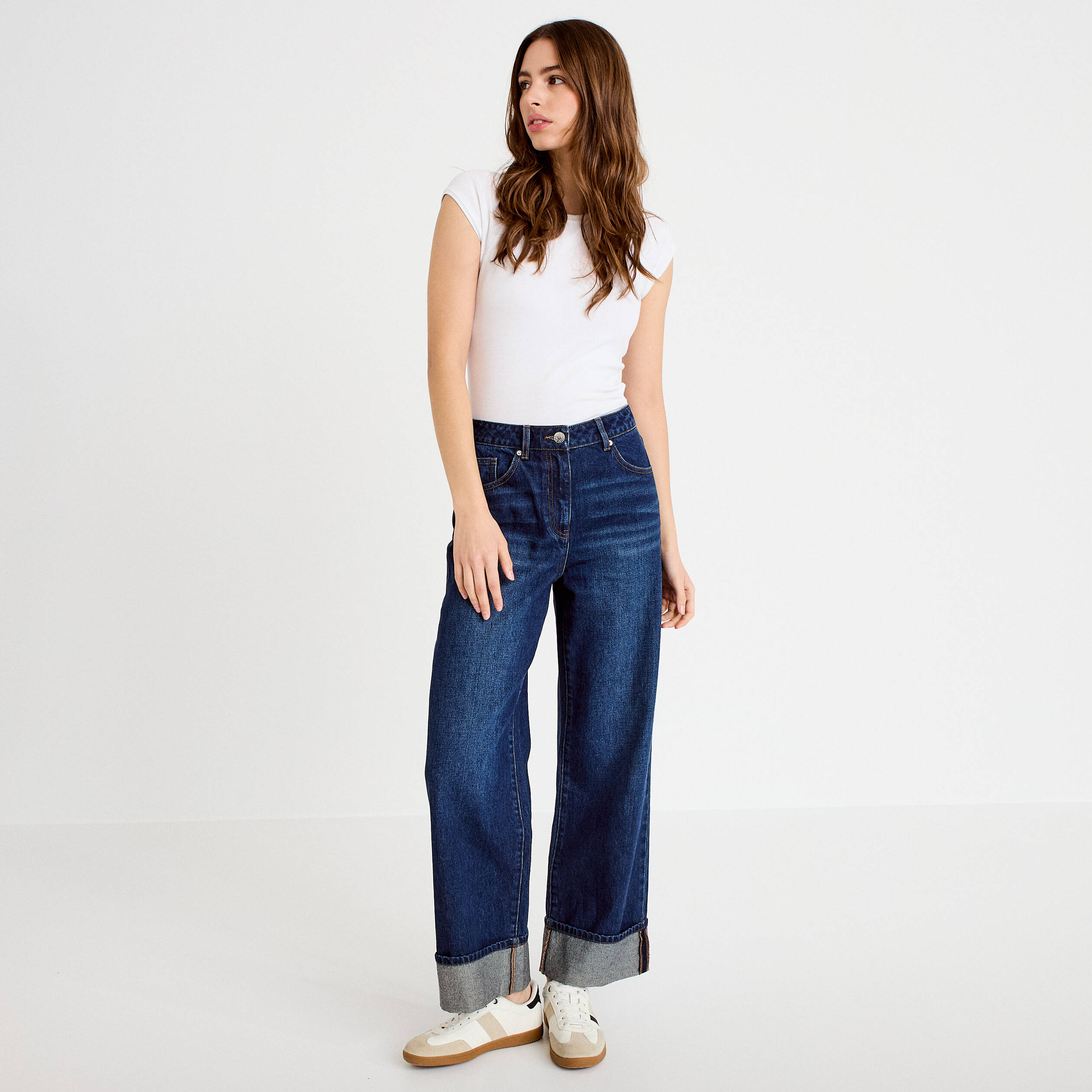 Jeans droit &agrave; revers denim stone femme