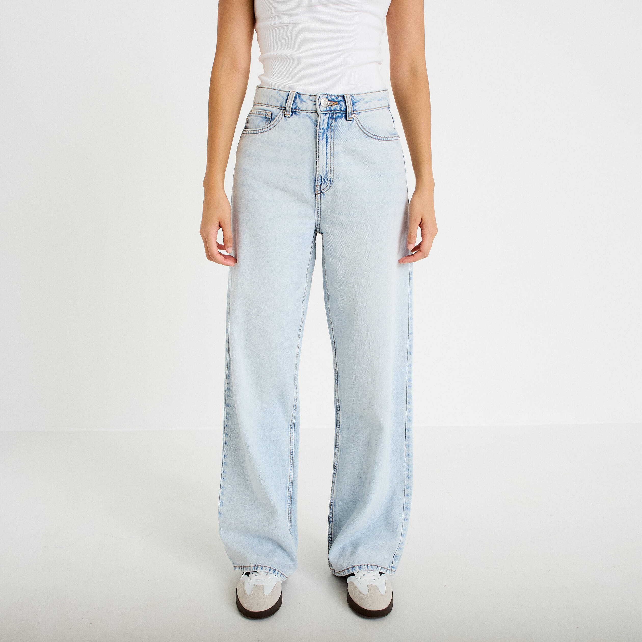 Jeans wide leg taille haute denim bleach femme