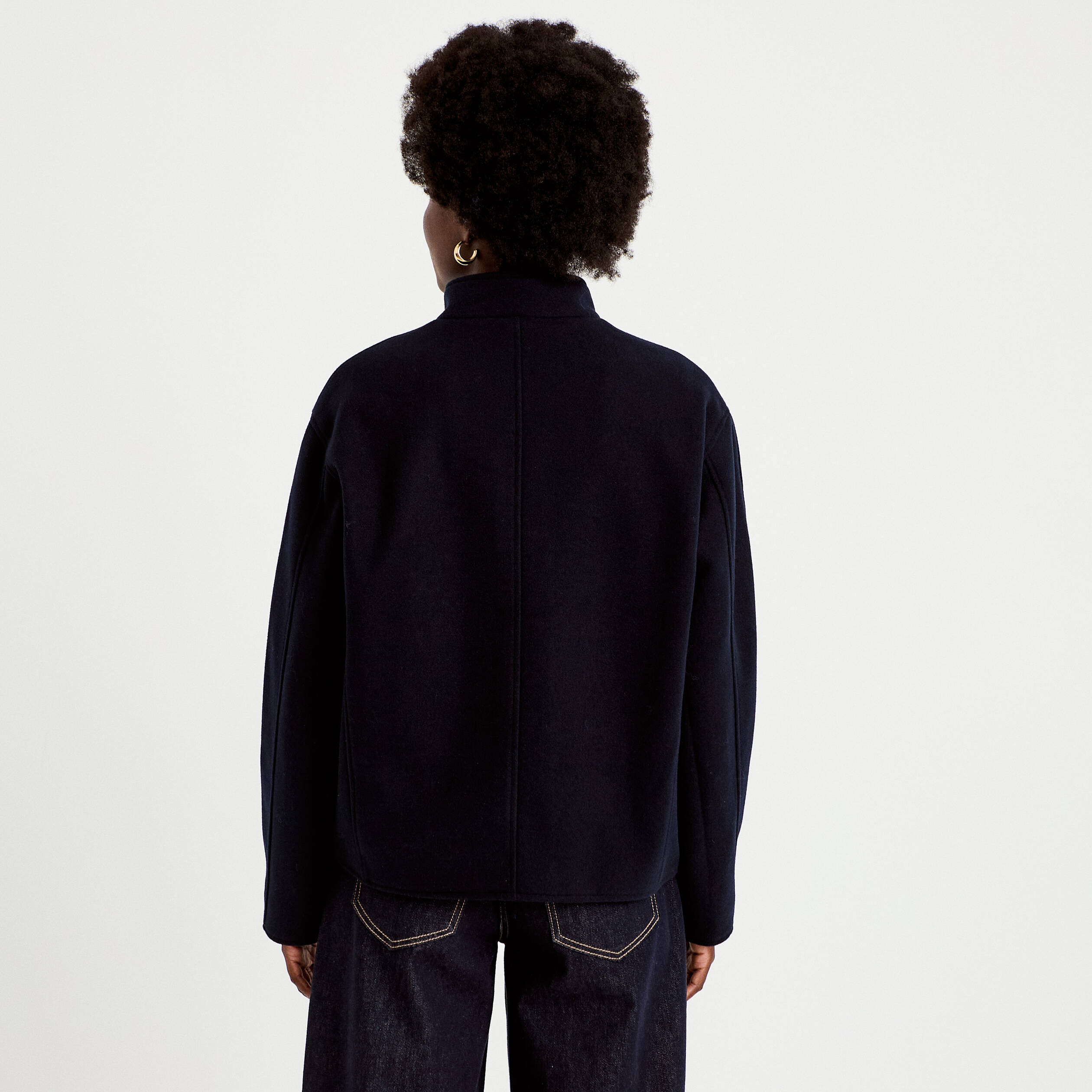 Veste droite col mao manches longues bleu marine femme