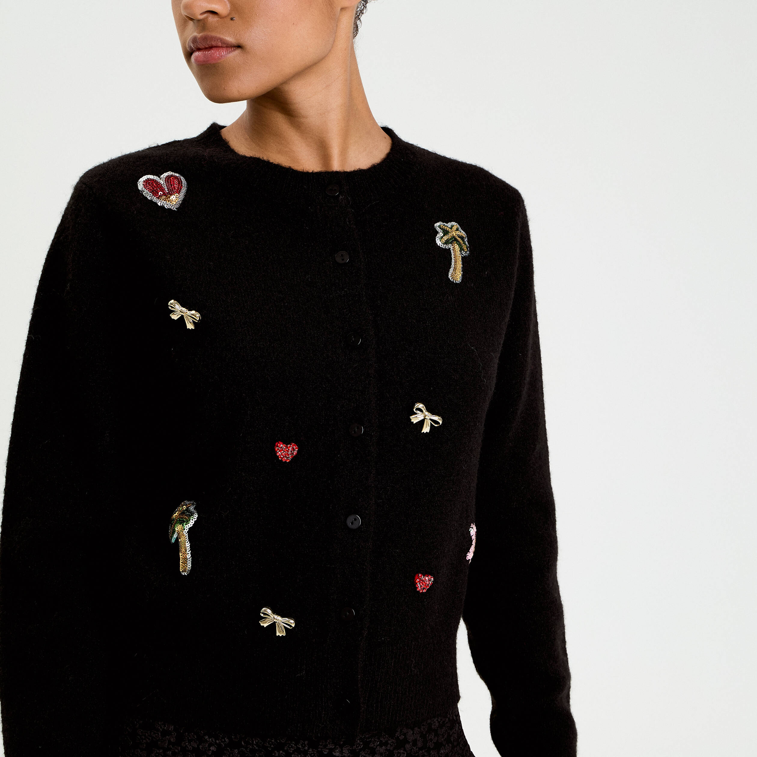 Gilet col rond manches longues noir femme
