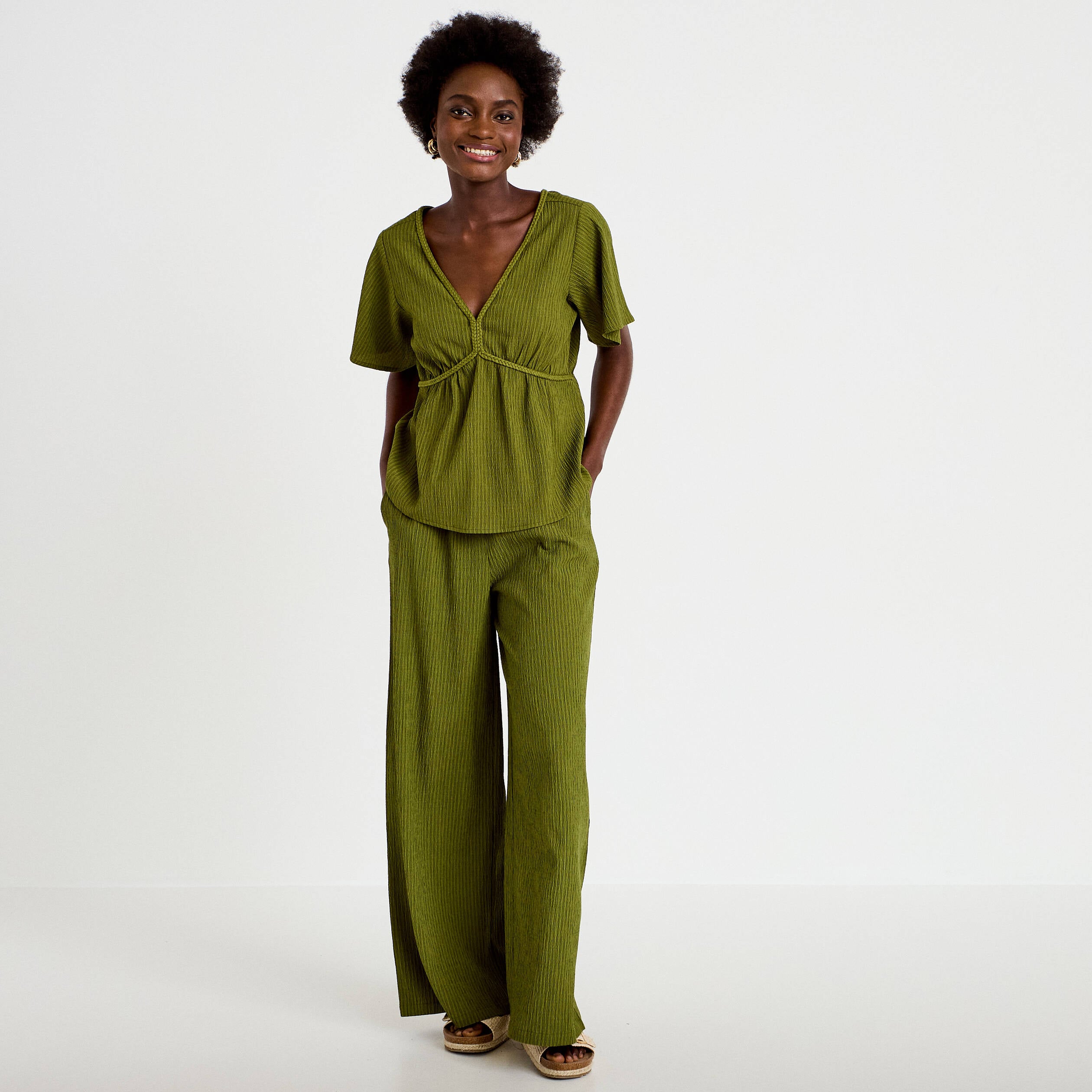 Pantalon large fluide taille haute vert kaki femme