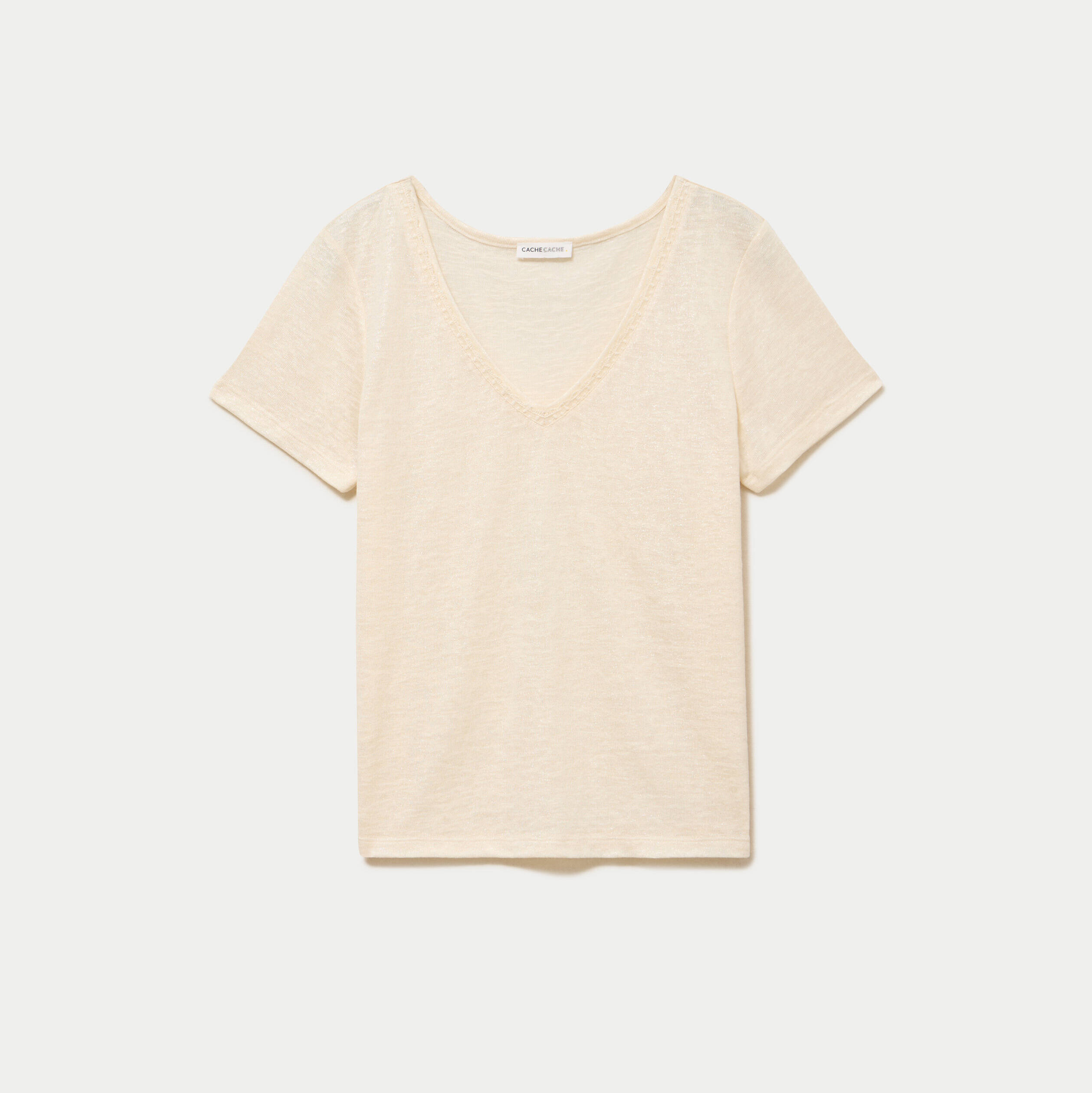 T-shirt col v dentelle manches courtes couleur or femme