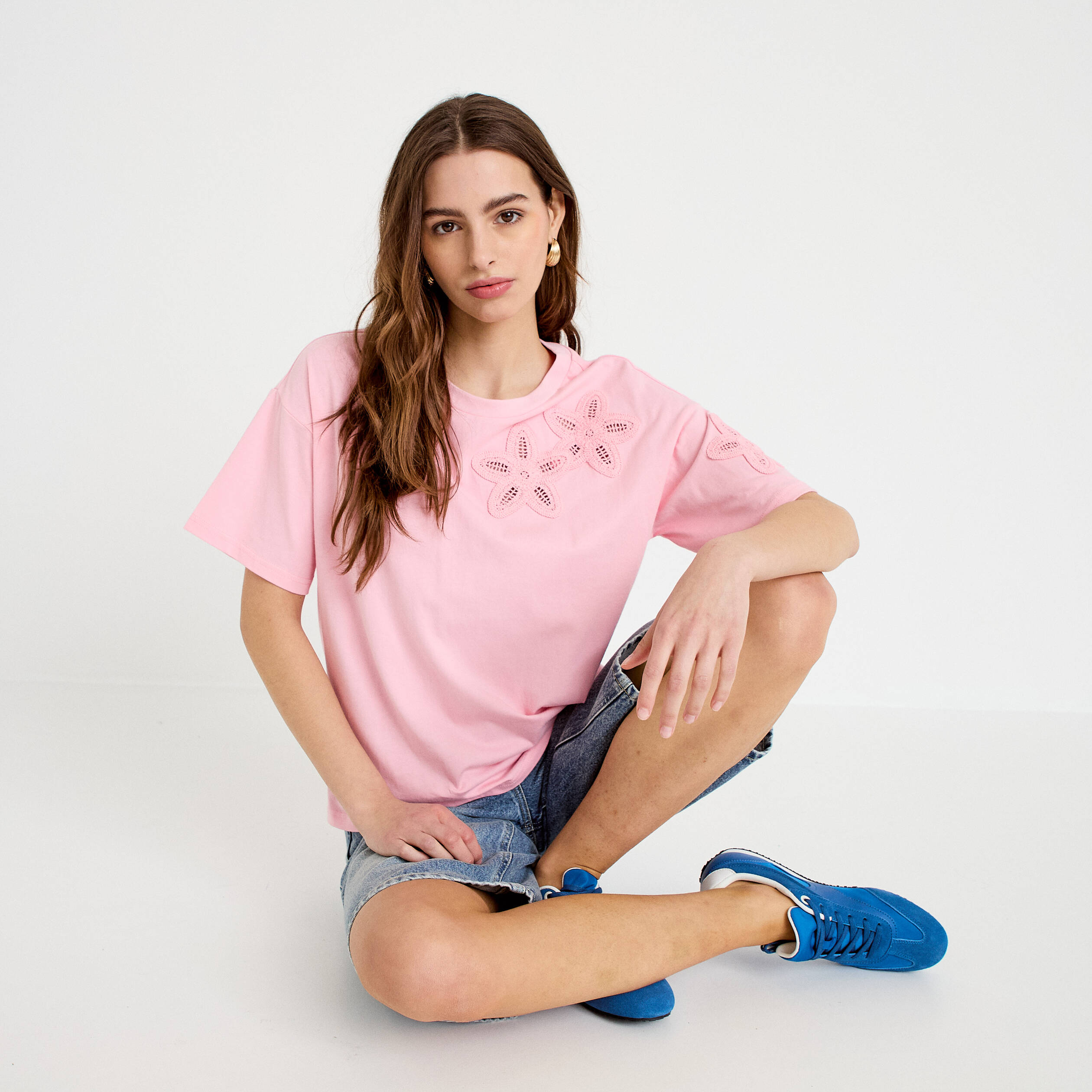 T-shirt col rond manches courtes rose corail femme