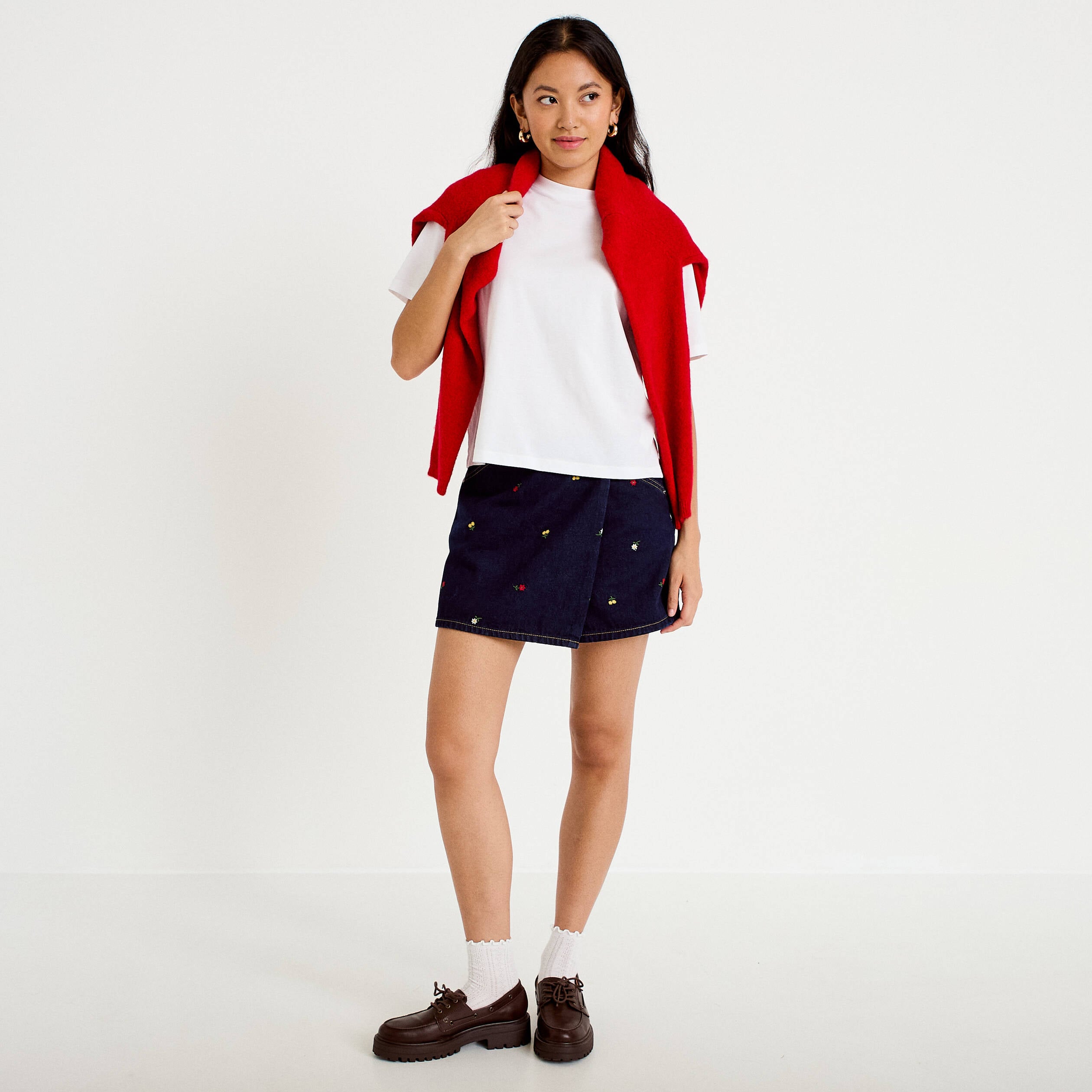 Jupe-short trap&egrave;ze en jean bleu marine femme