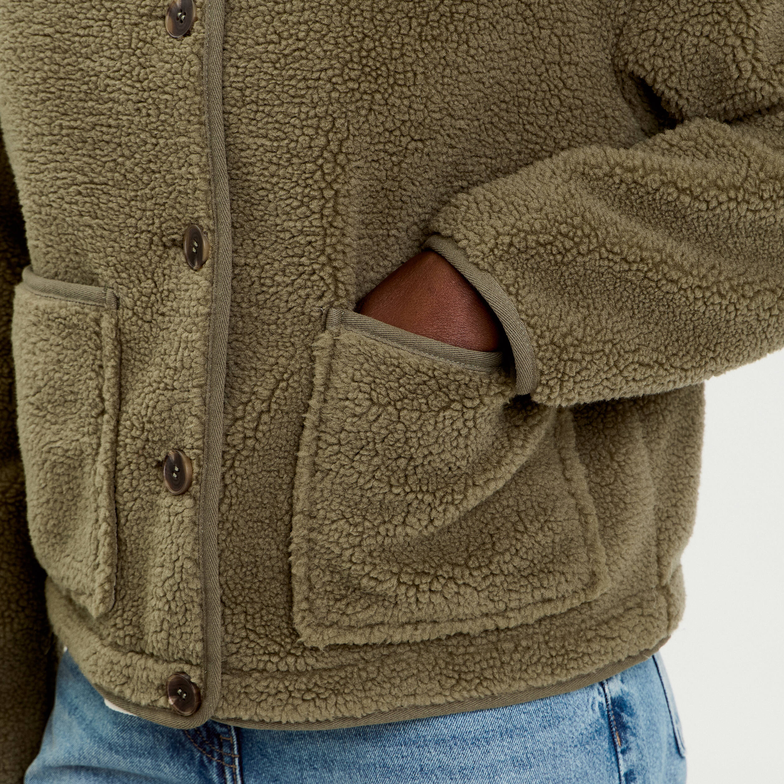 Veste droite courte effet polaire vert kaki femme