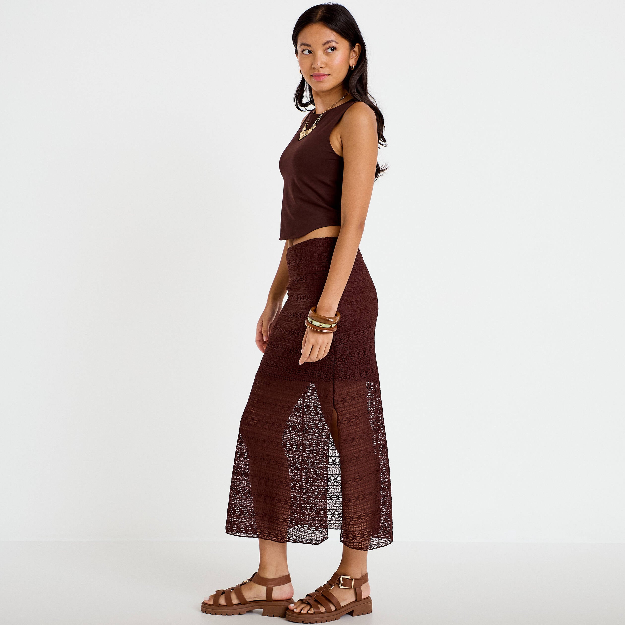 Jupe longue droite en dentelle marron femme