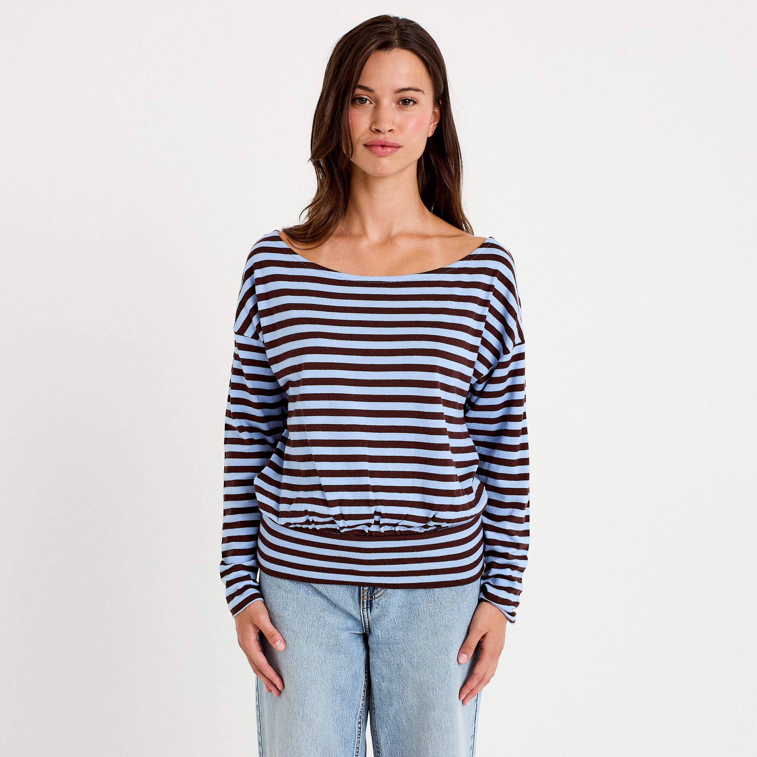 T-shirt col bateau manches longues bleu femme