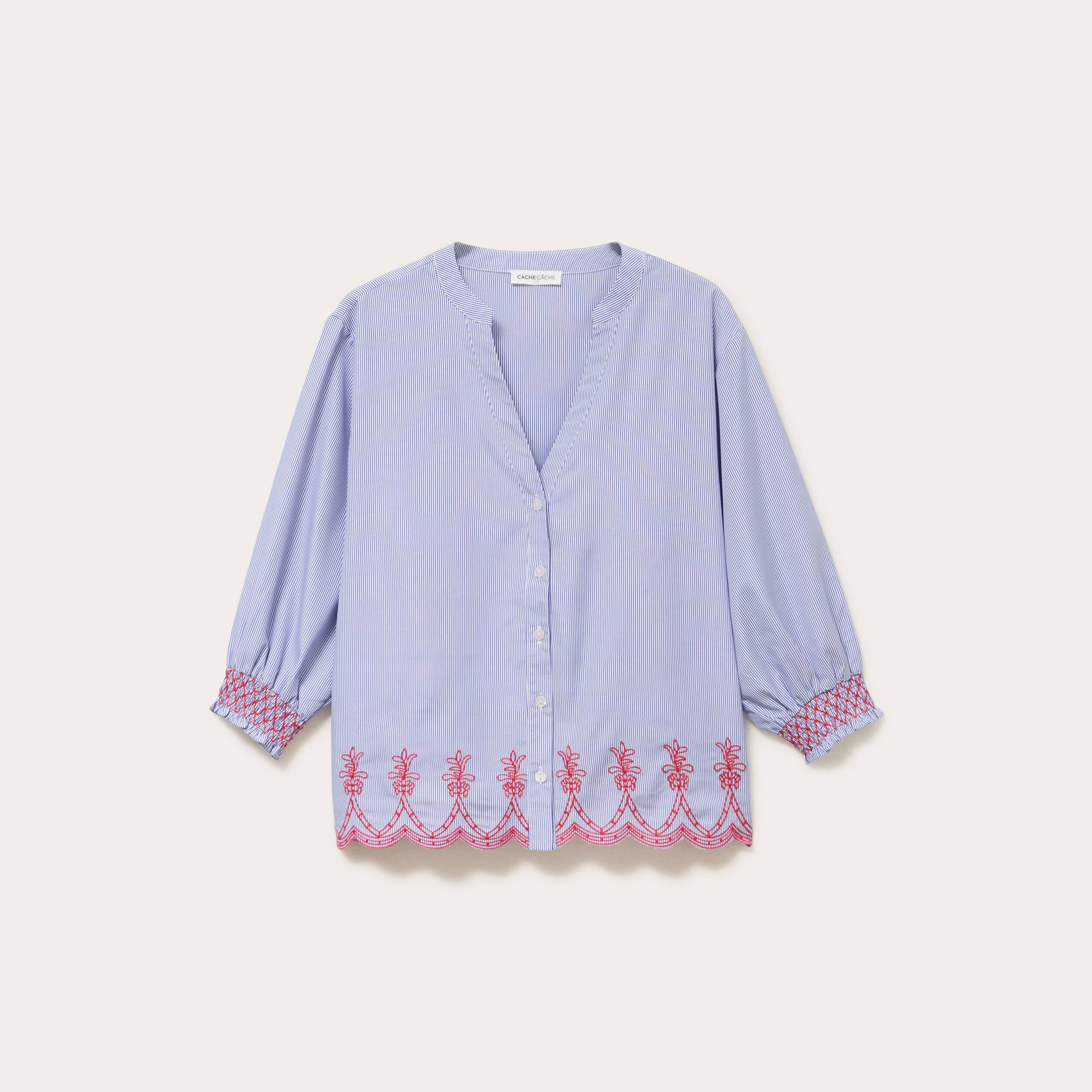 Blouse brod&eacute;e col V manches 3/4 bleu roi femme