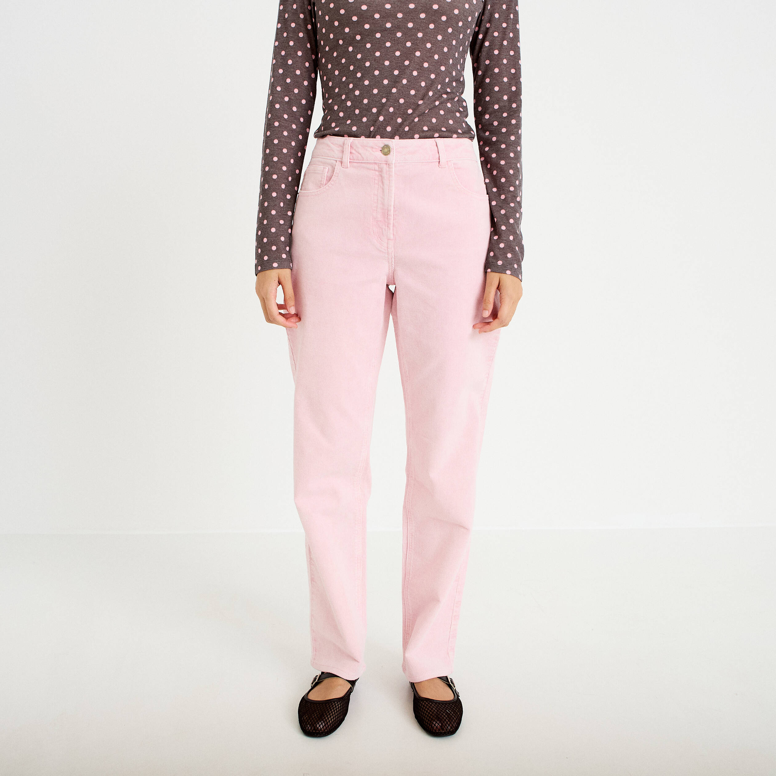 Pantalon droit en velours rose clair femme