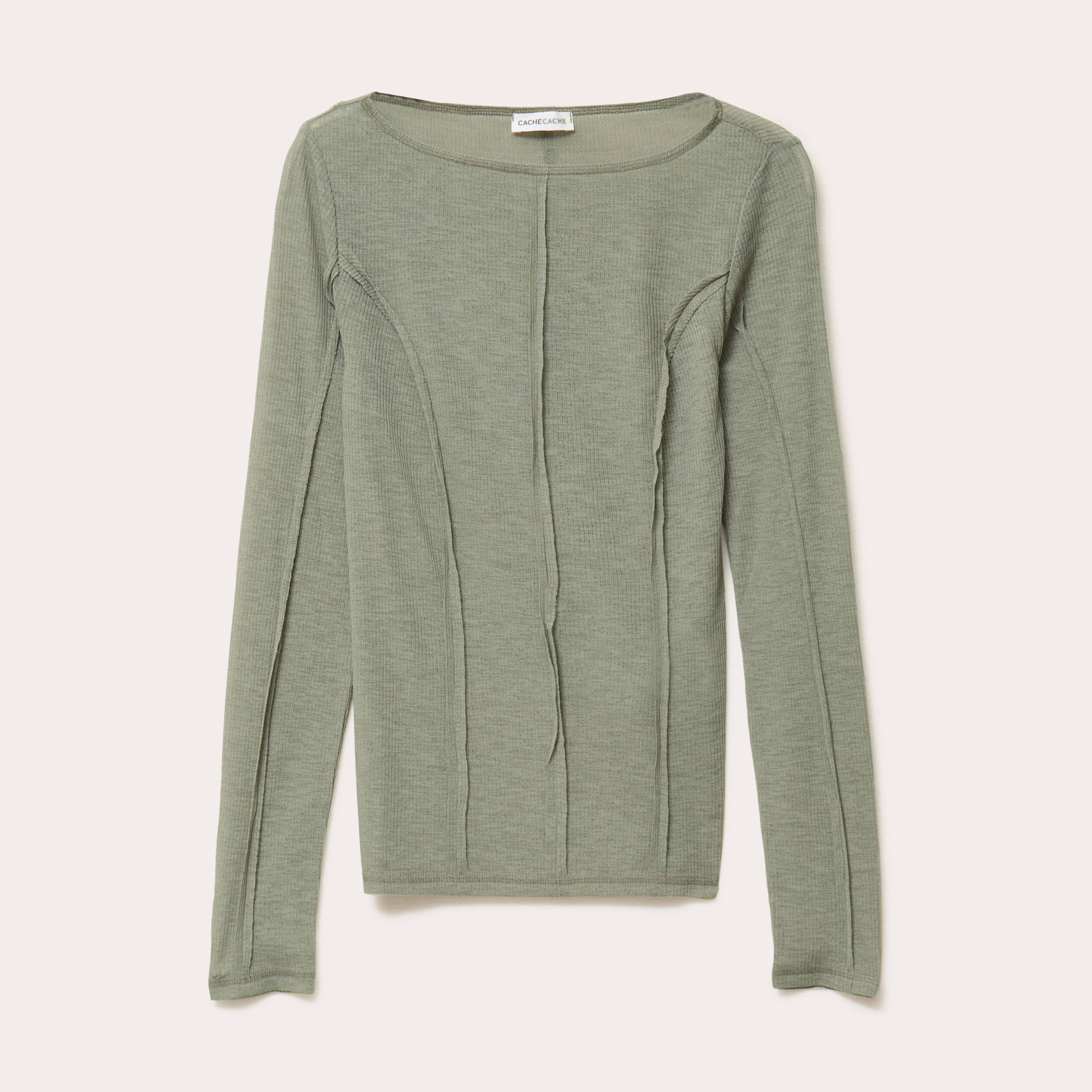 T-shirt cintr&eacute; col rond manches longues vert kaki femme
