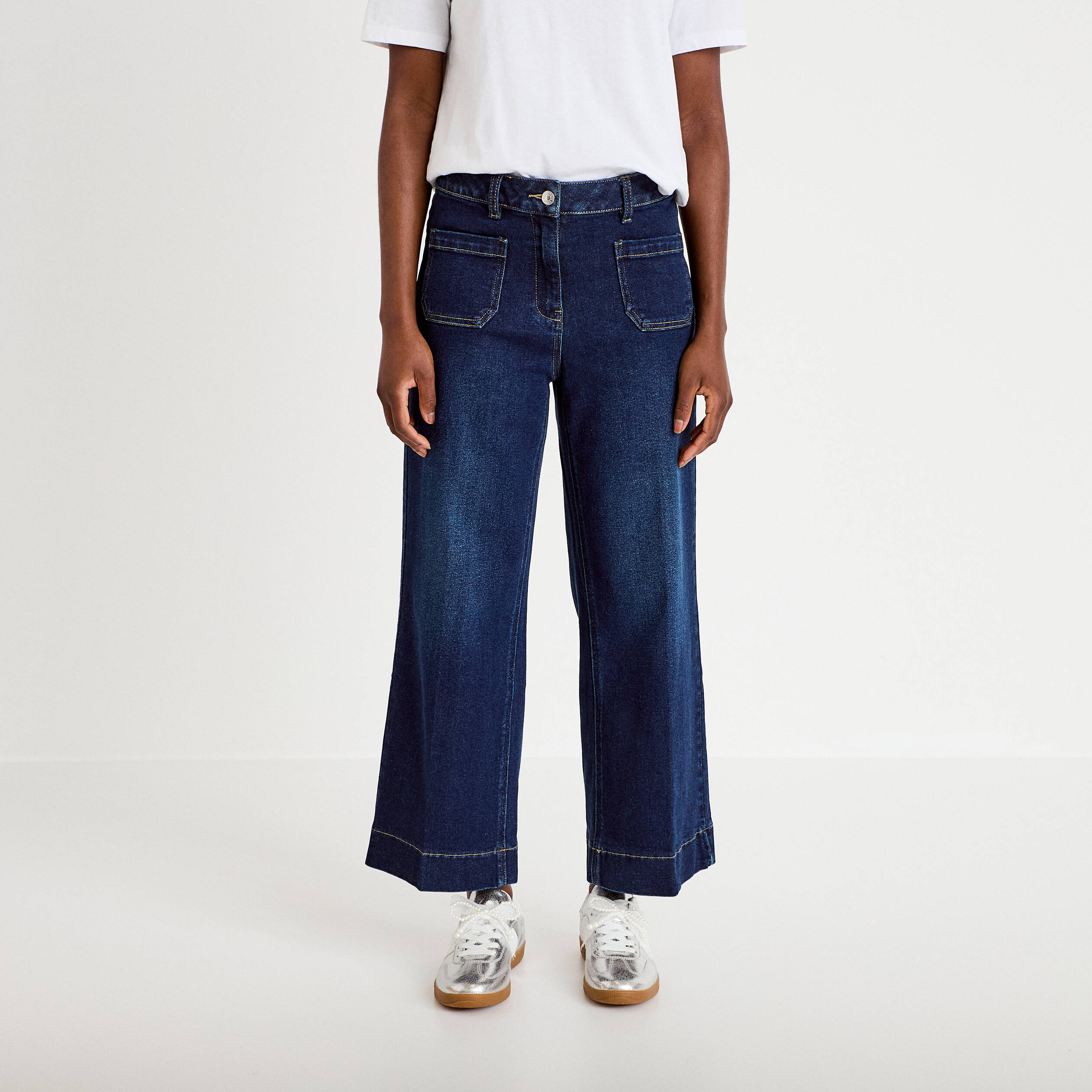 Jean wide leg cropped taille haute denim blue black femme