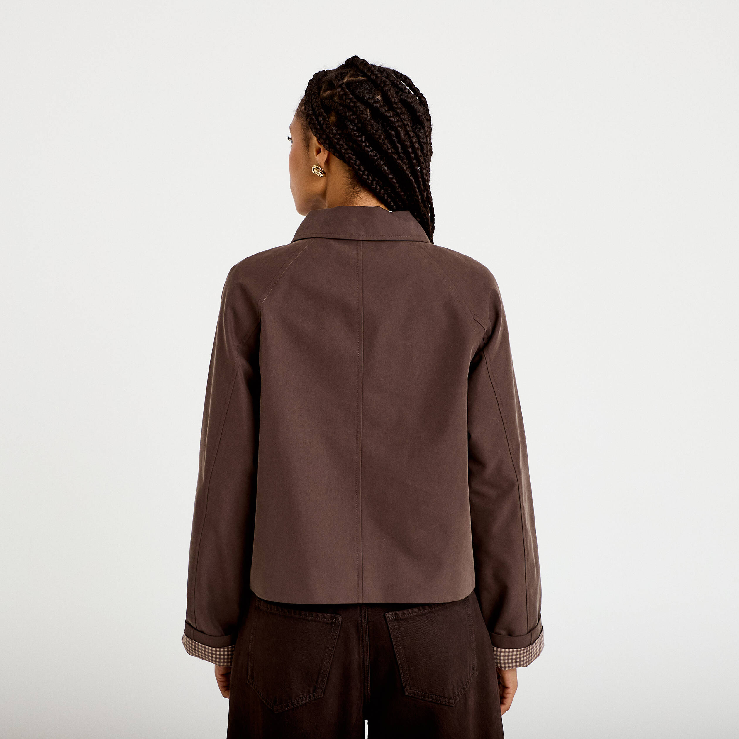 Veste courte boutonn&eacute;e doublure vichy marron fonc&eacute; femme