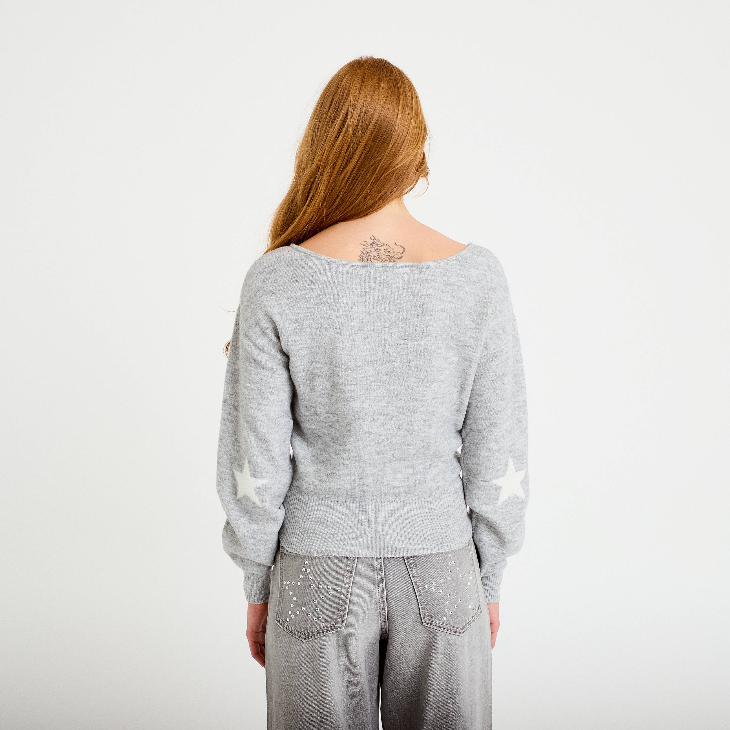 Pull col bateau manches longues gris clair femme