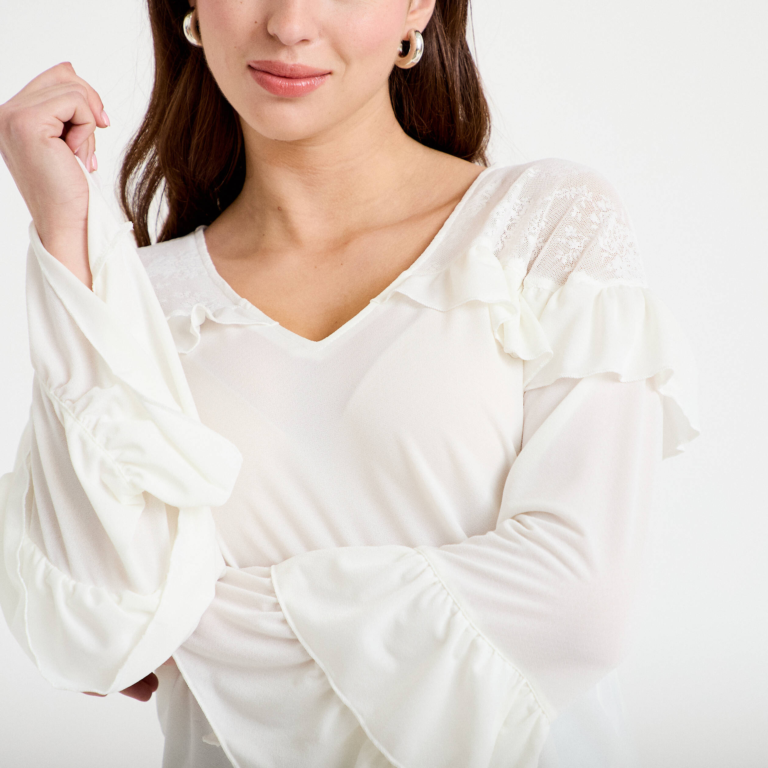 Blouse col v manches longues dentelle ecru femme