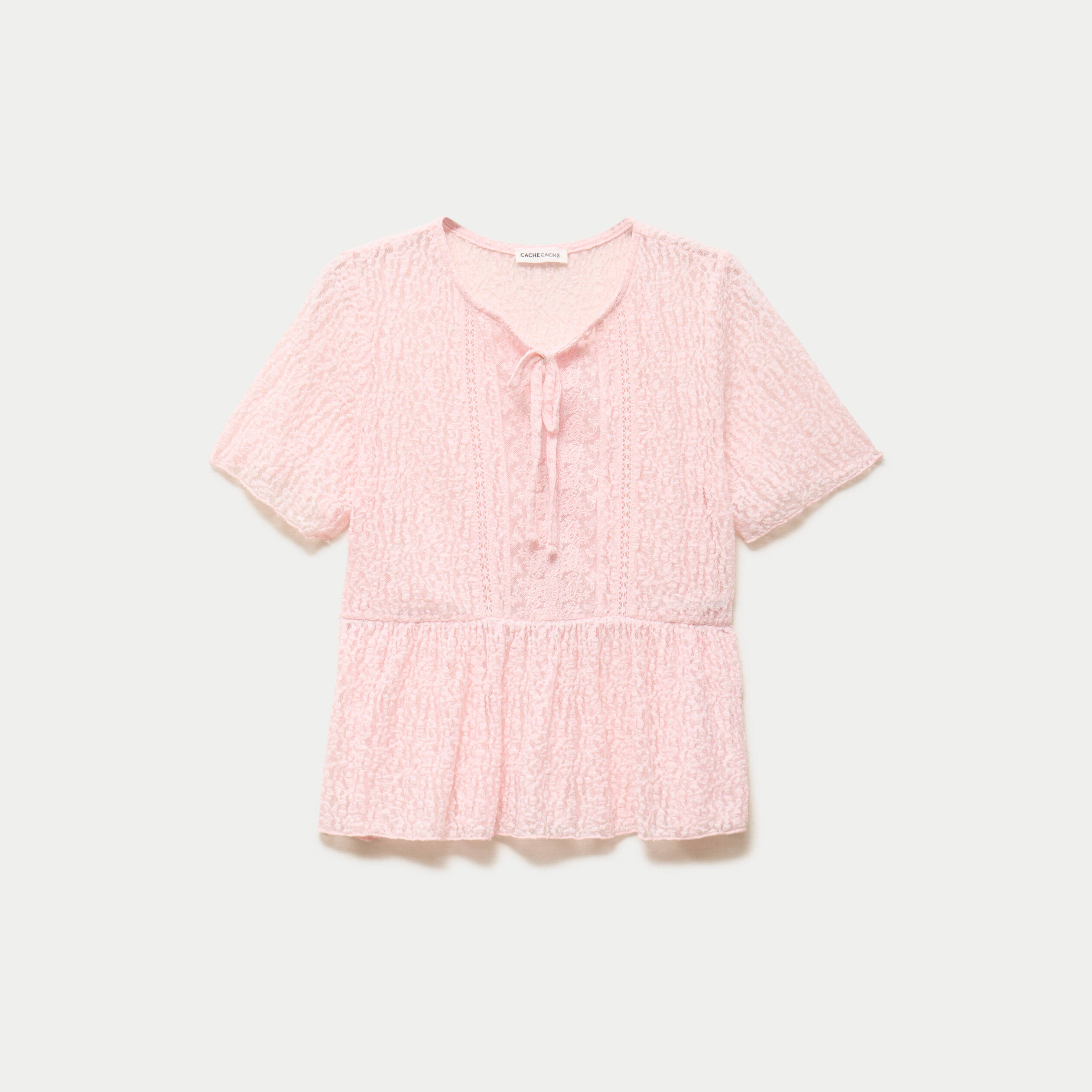 Blouse dentelle col rond manches courtes rose clair femme