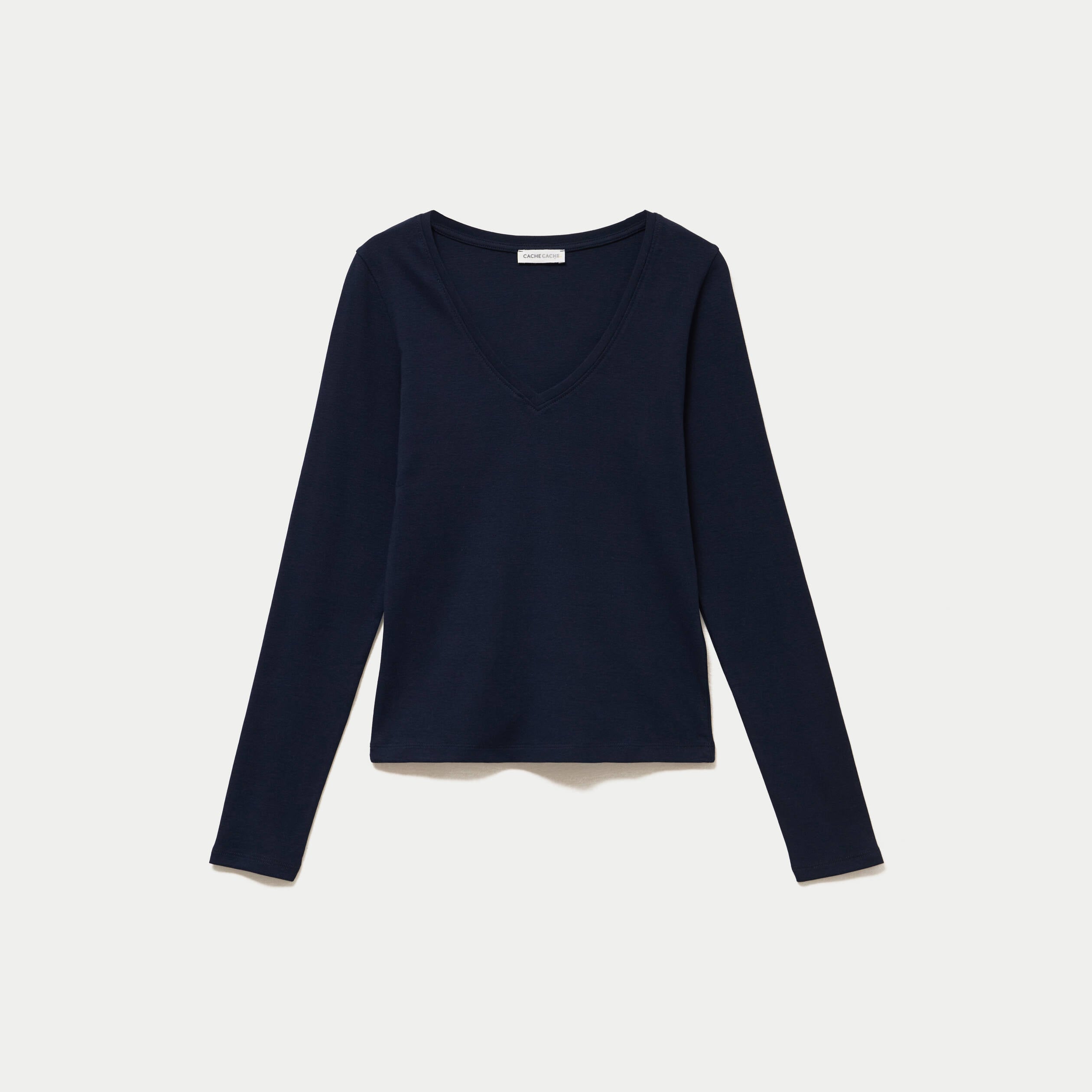 Top ajust&eacute; col v manches longues bleu marine femme