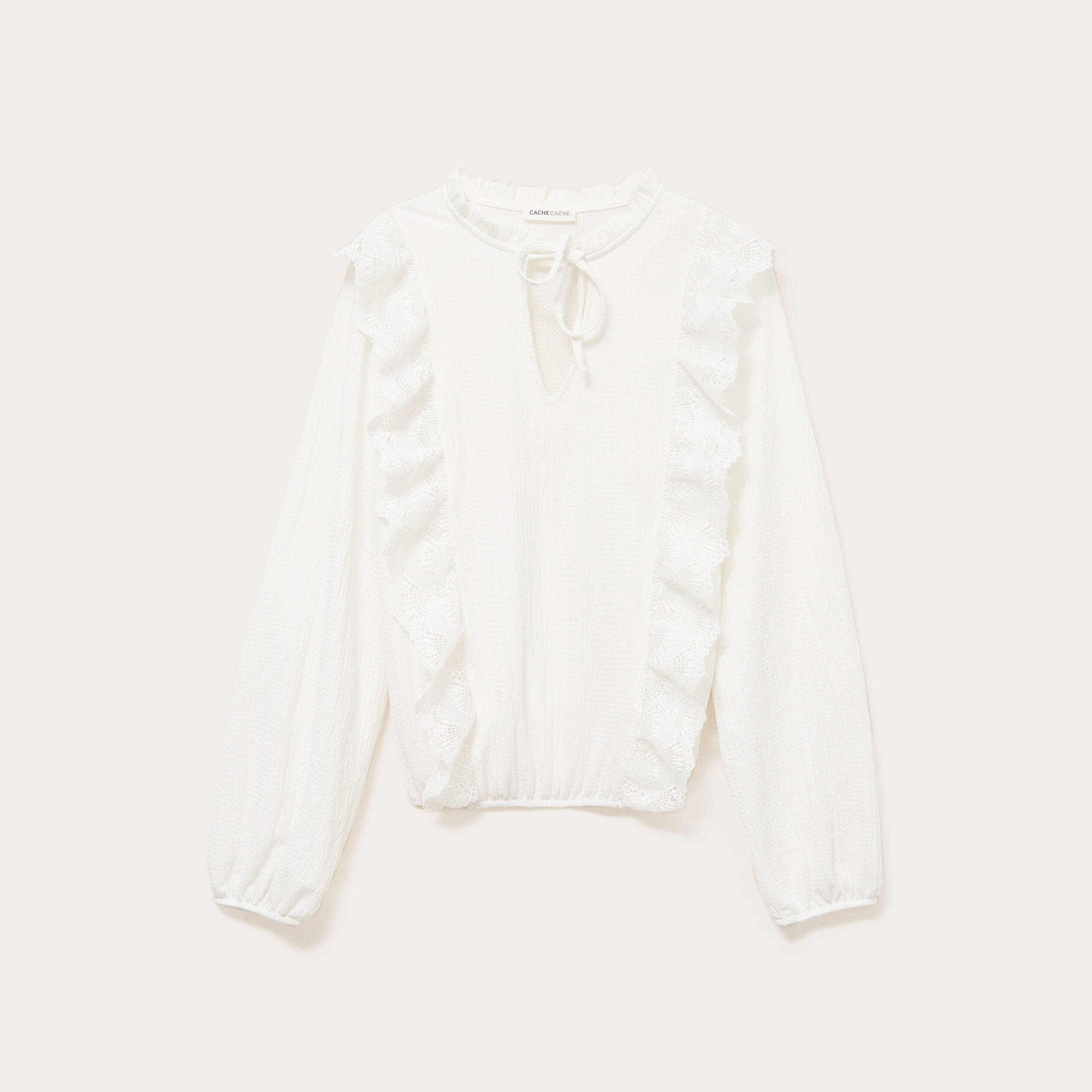Blouse col mao bas resserr&eacute; dentelle ecru femme