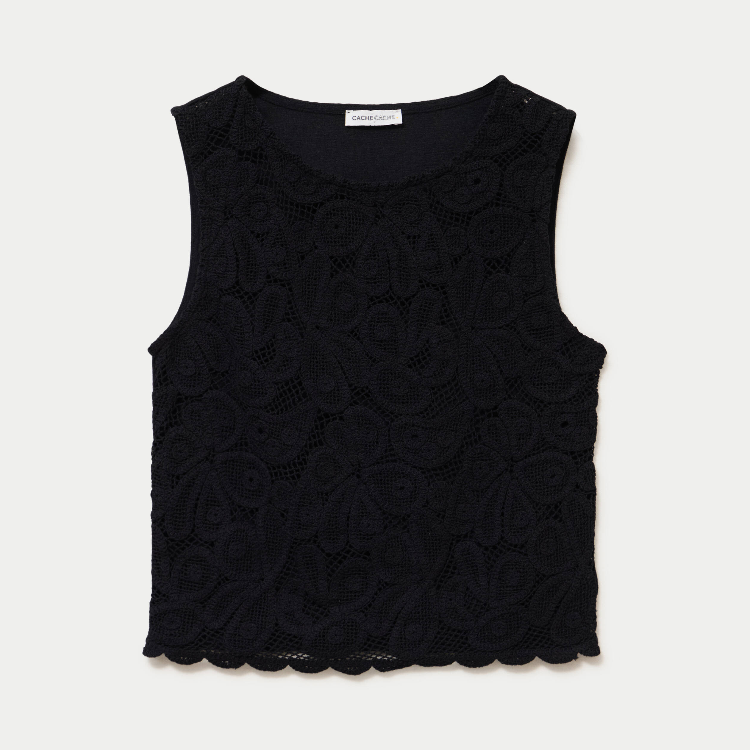 D&eacute;bardeur col rond aspect dentelle noir femme