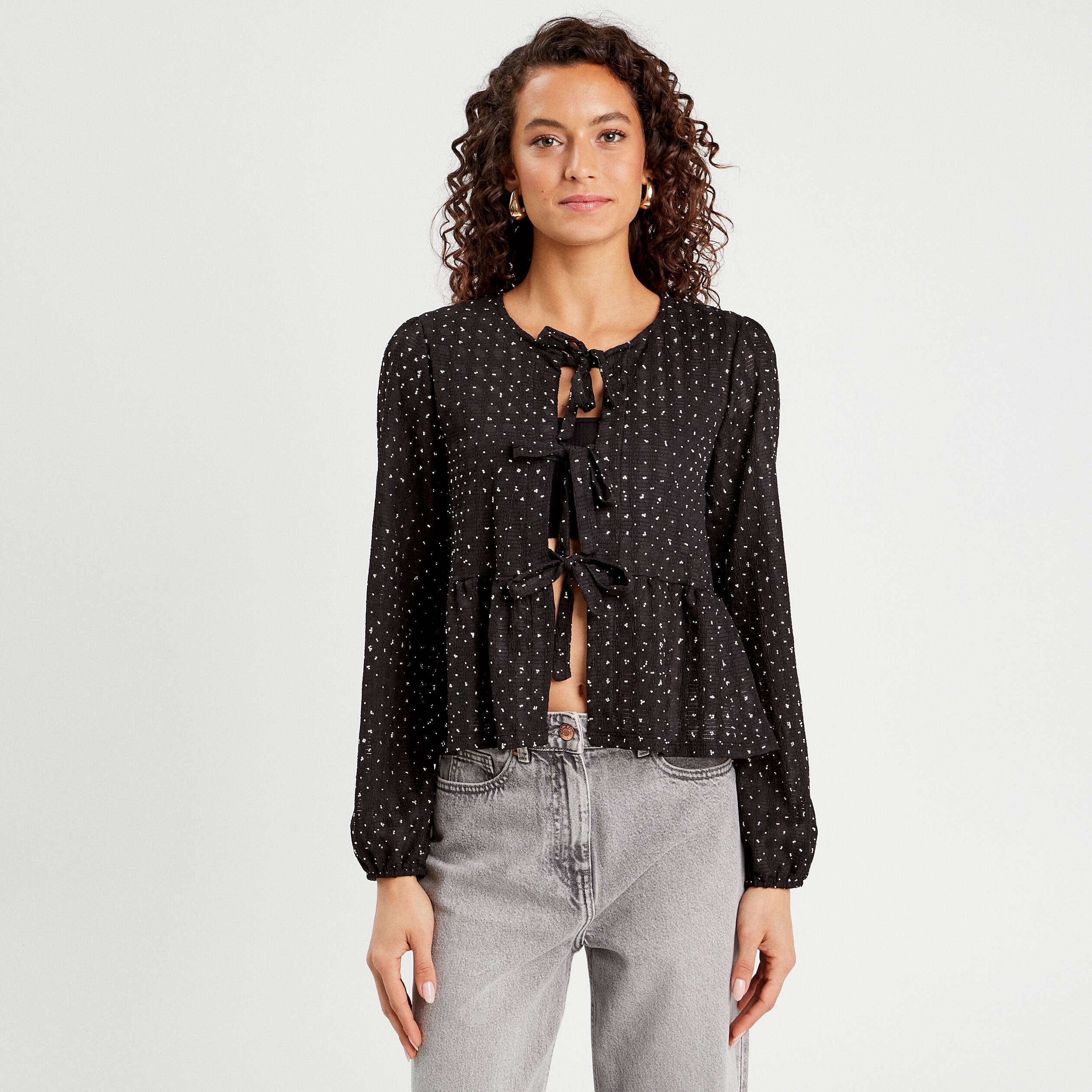 Blouse nou&eacute;e strass noir femme
