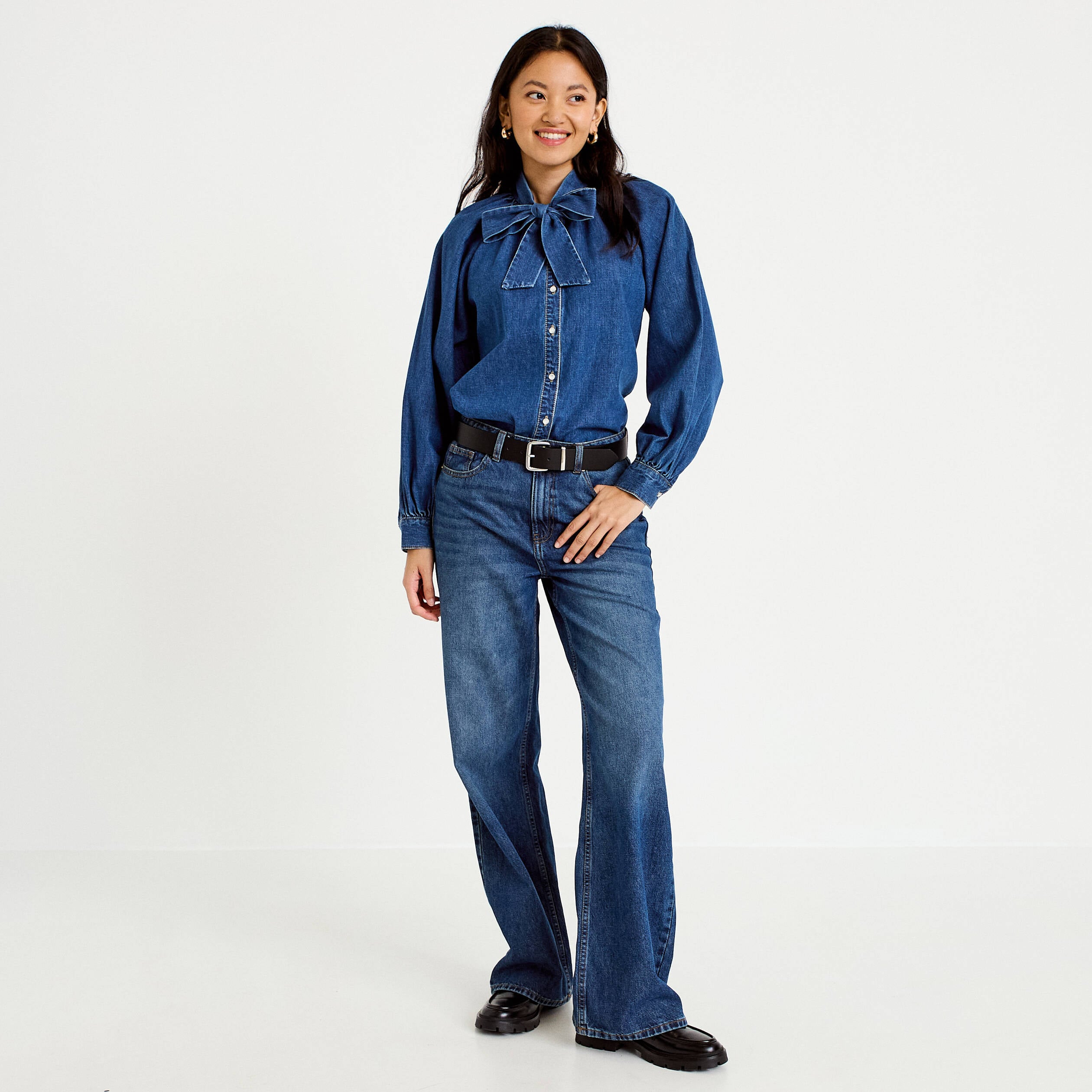 Chemise ample en jean col montant denim stone femme