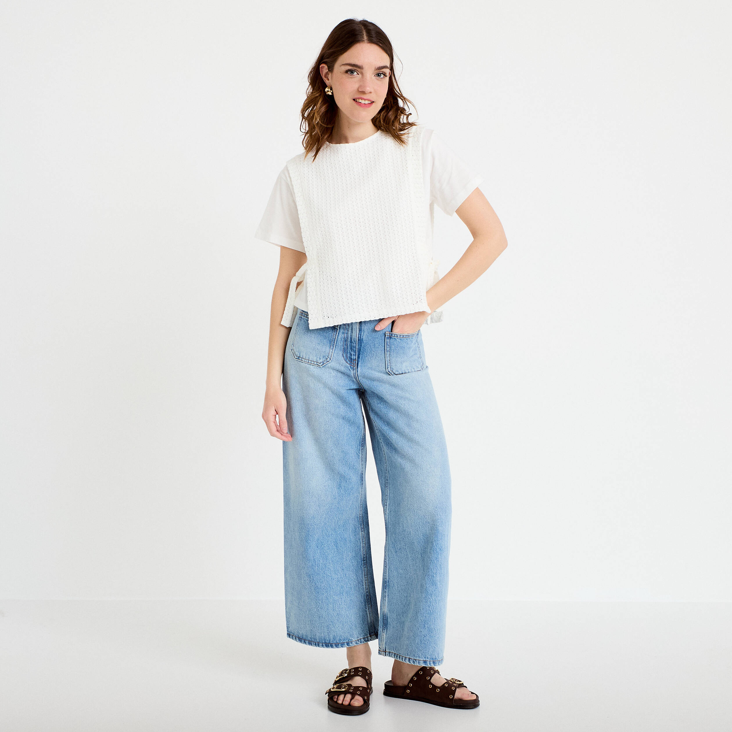 T-shirt 2-en-1 col rond manches courtes ecru femme