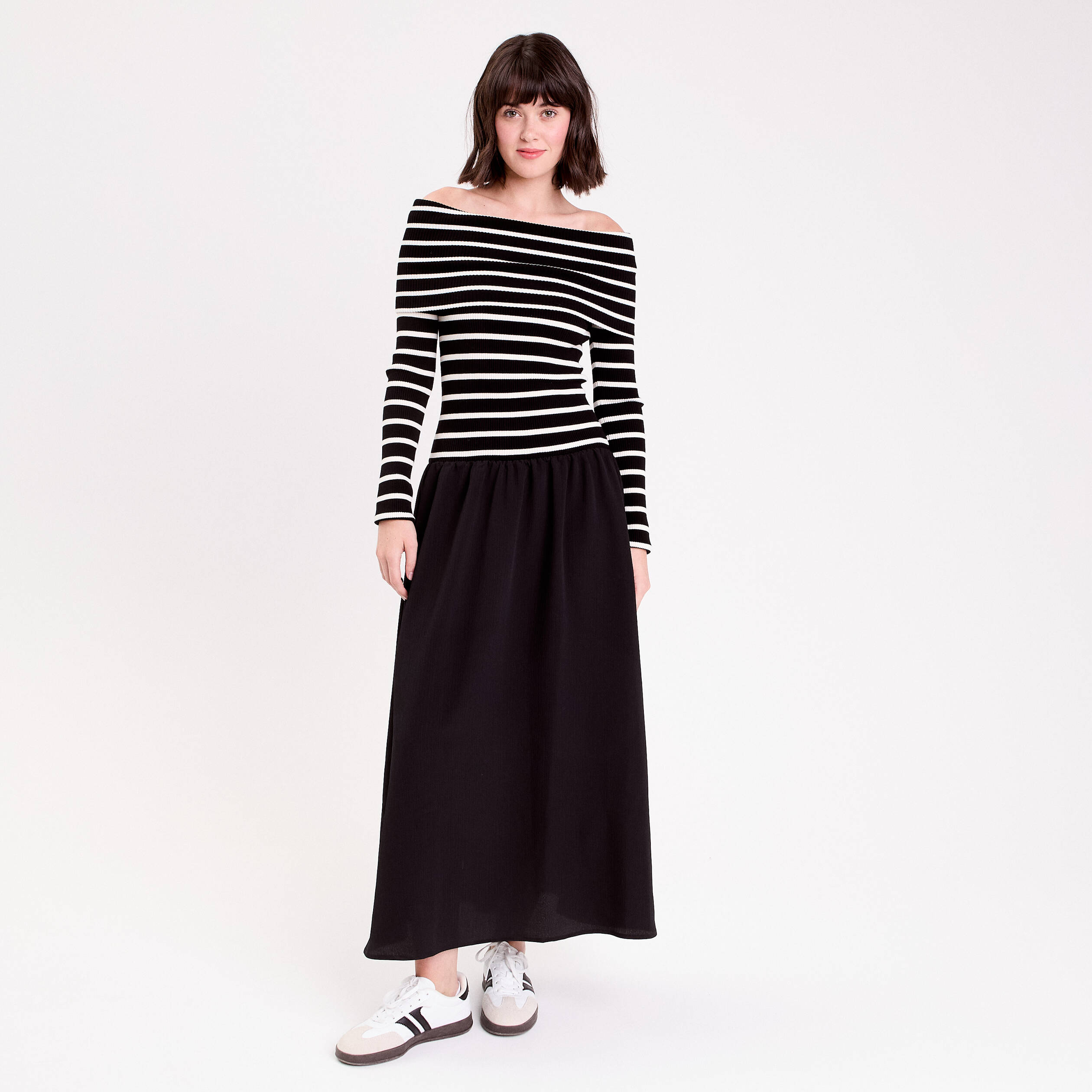 Robe longue effet 2-en-1 col bardot blanc femme